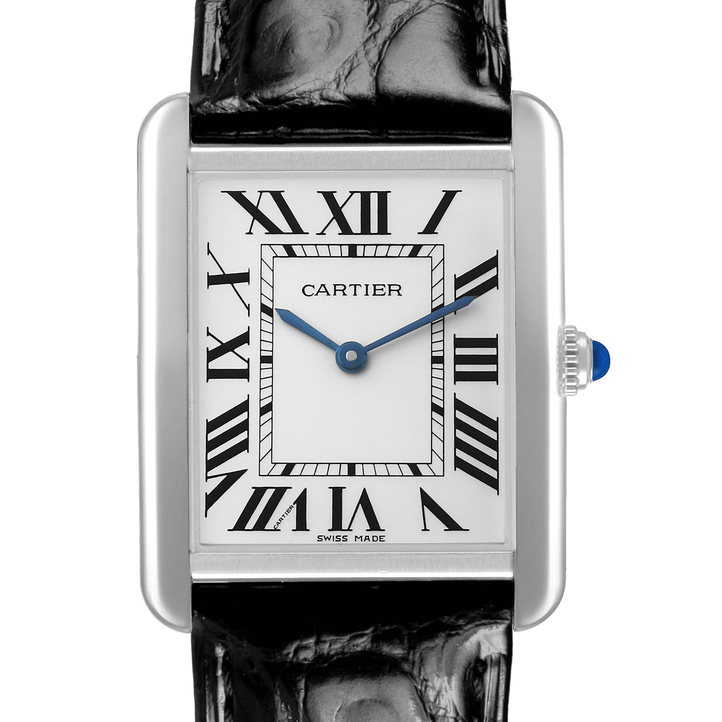 The Cartier Tank Solo W5200003 Men's Stainless Steel Silver Dial watch is shown from the front, displaying its rectangular face, Roman numerals, blue hands, and black leather strap.