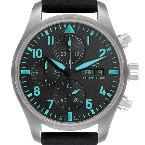 The image shows a front view of the IWC Pilot IW388114 Men's Titanium Black Dial model watch, highlighting the dial, subdials, and crown.