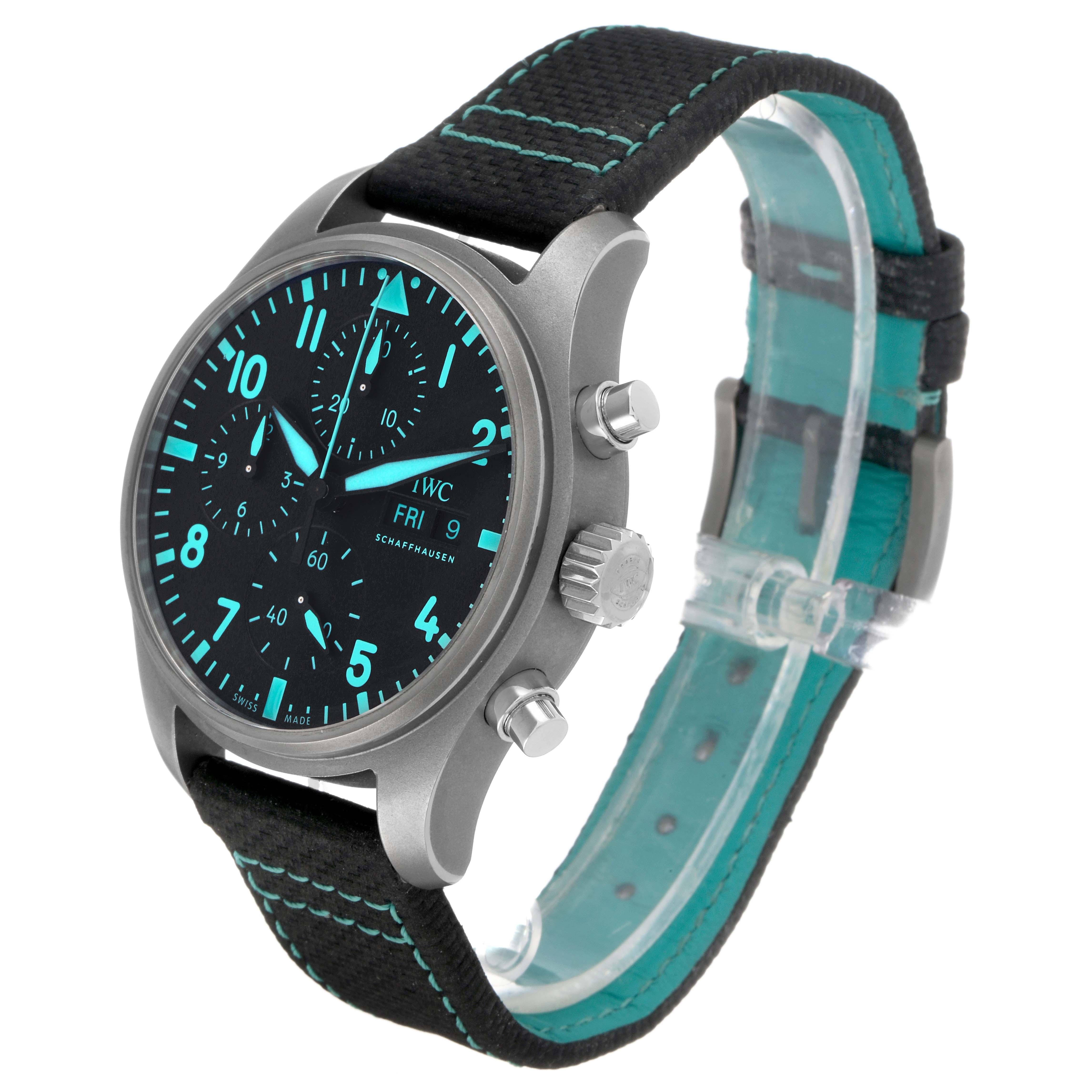 The IWC Pilot IW388114 Men's Titanium Black Dial watch is shown at a three-quarter angle, displaying the face, chrono pushers, crown, and strap details.