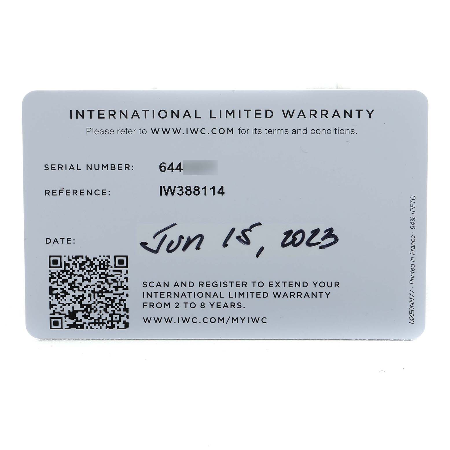 The image shows an International Limited Warranty card for the IWC Pilot IW388114 Men's Titanium Black Dial model.