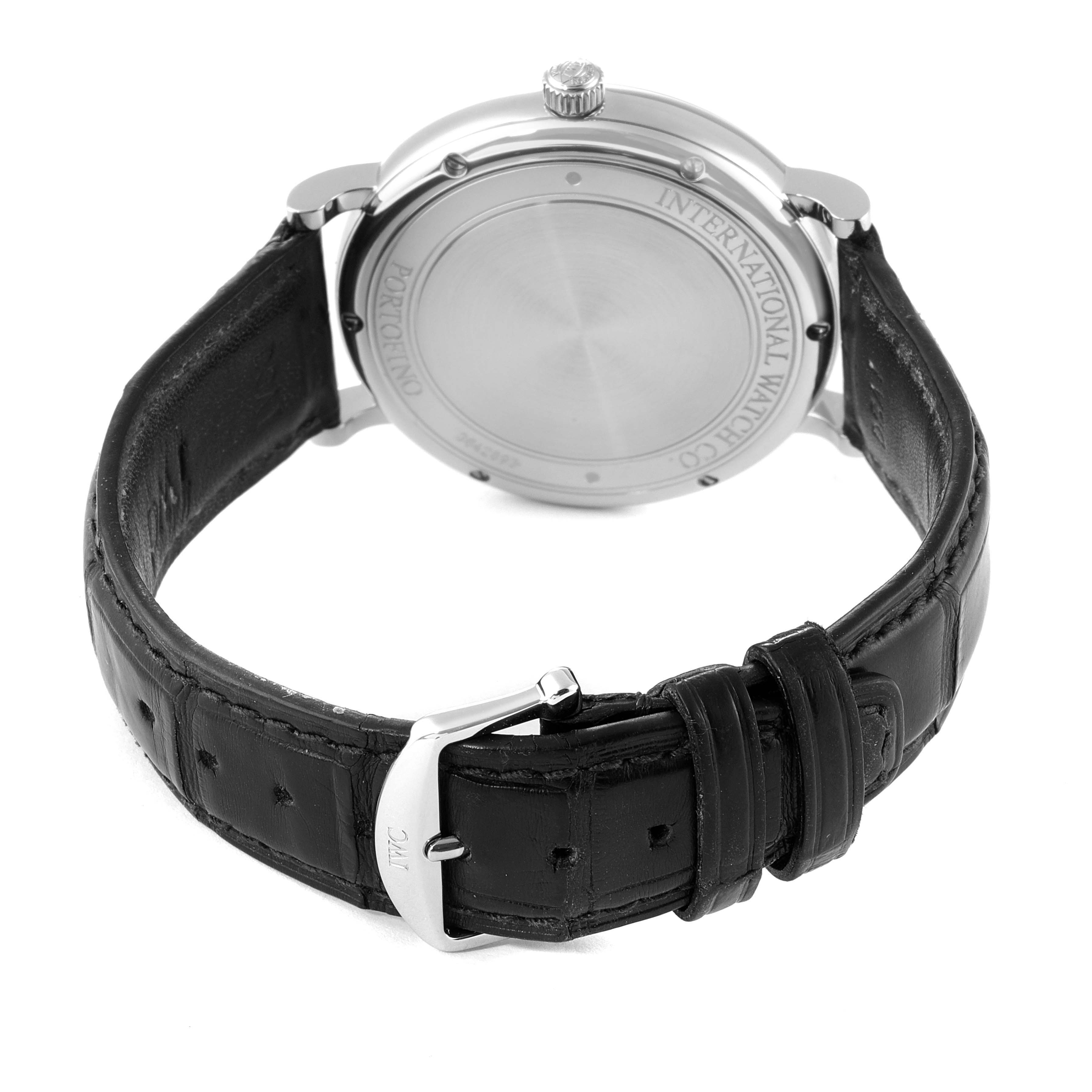 This image shows the back and strap of an IWC Portofino IW356502 Men's Stainless Steel Black Dial IW356502 Men's Stainless Steel Black Dial watch, including the buckle and engraved case back.