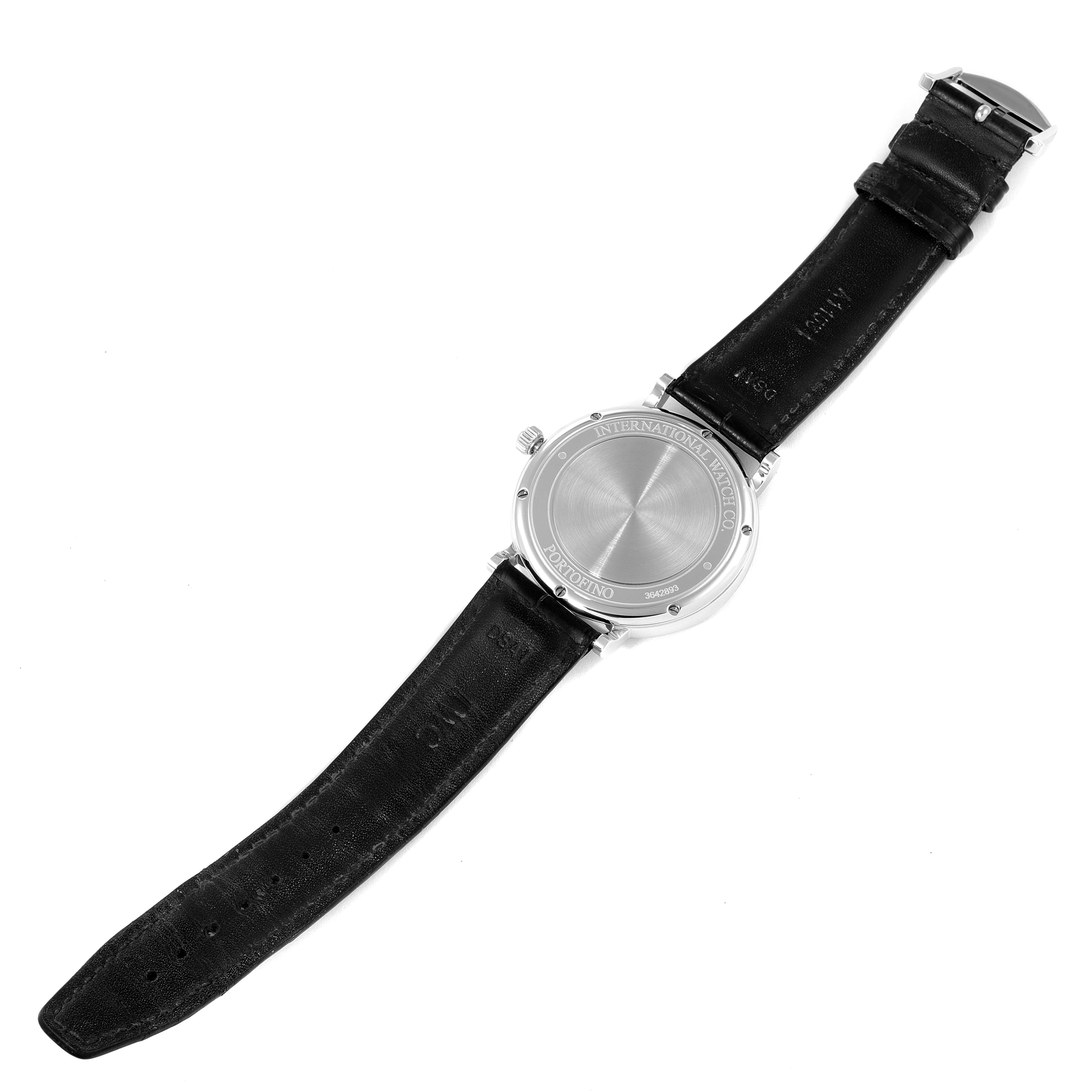 This image shows the back view of the IWC Portofino IW356502 Men's Stainless Steel Black Dial IW356502 Men's Stainless Steel Black Dial watch with its leather strap fully extended.