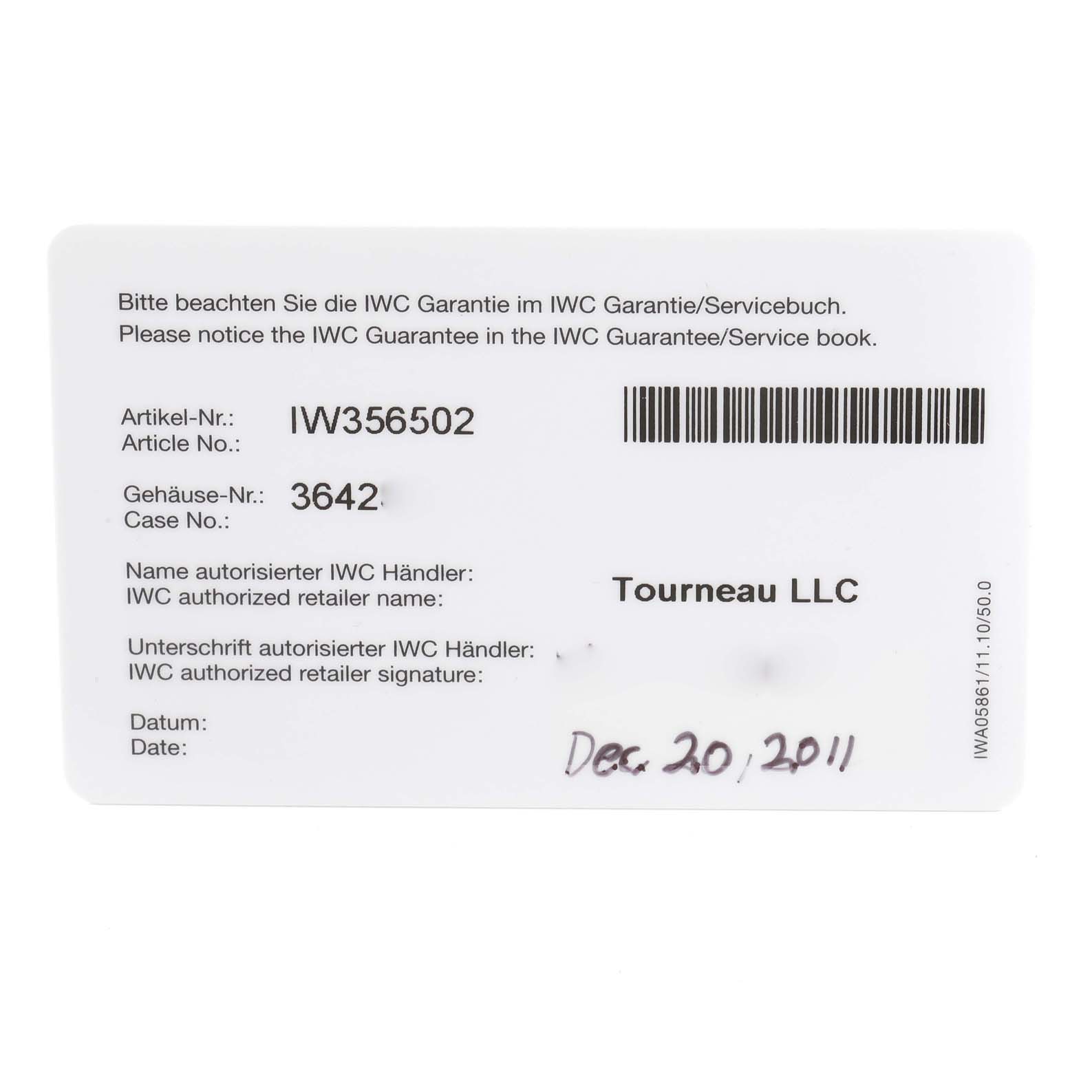 This image shows a warranty card for the IWC Portofino IW356502 Men's Stainless Steel Black Dial IW356502 Men's Stainless Steel Black Dial model watch, including article and case numbers.