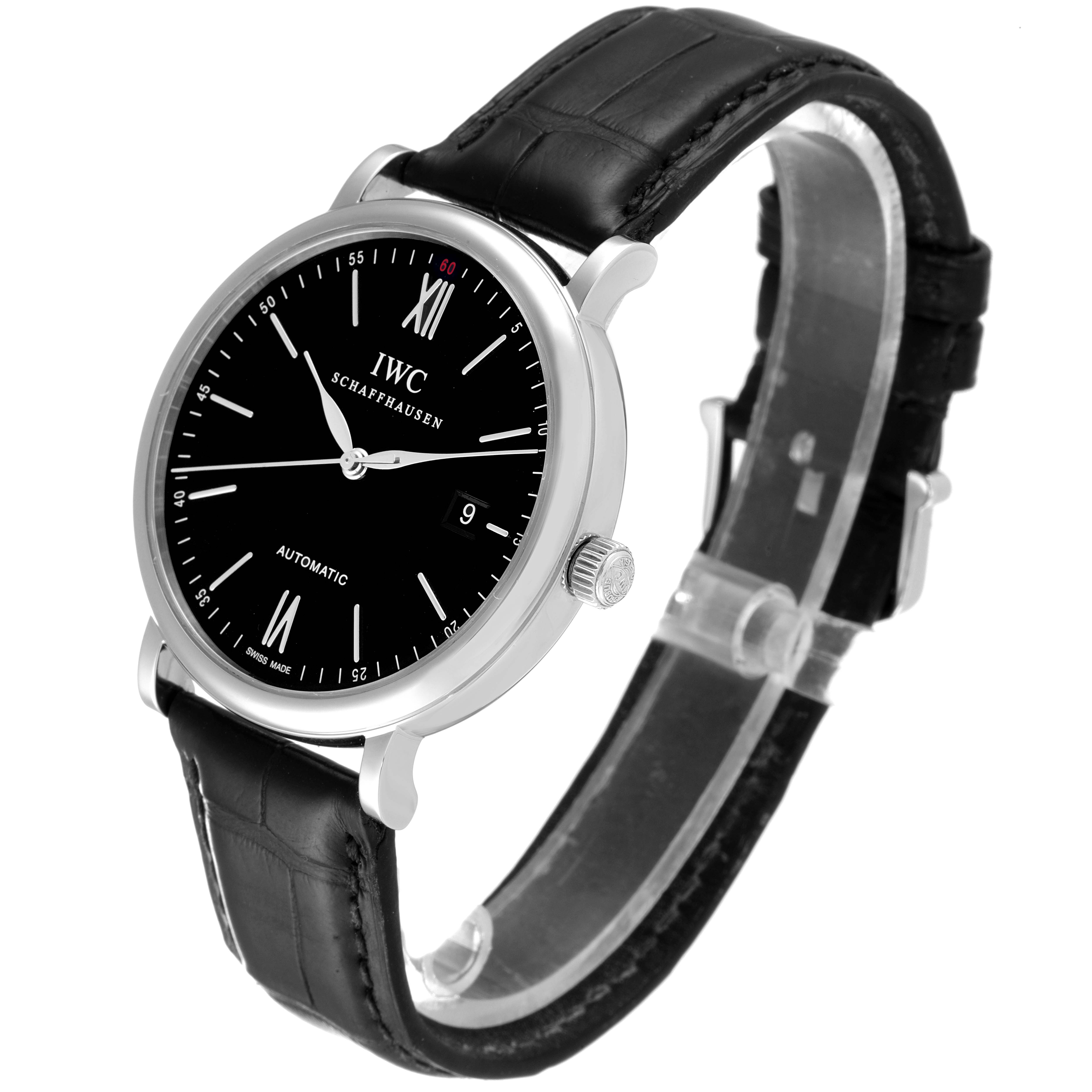 The image shows an angled view of the IWC Portofino IW356502 Men's Stainless Steel Black Dial IW356502 Men's Stainless Steel Black Dial watch, highlighting the black dial, silver case, and black leather strap.