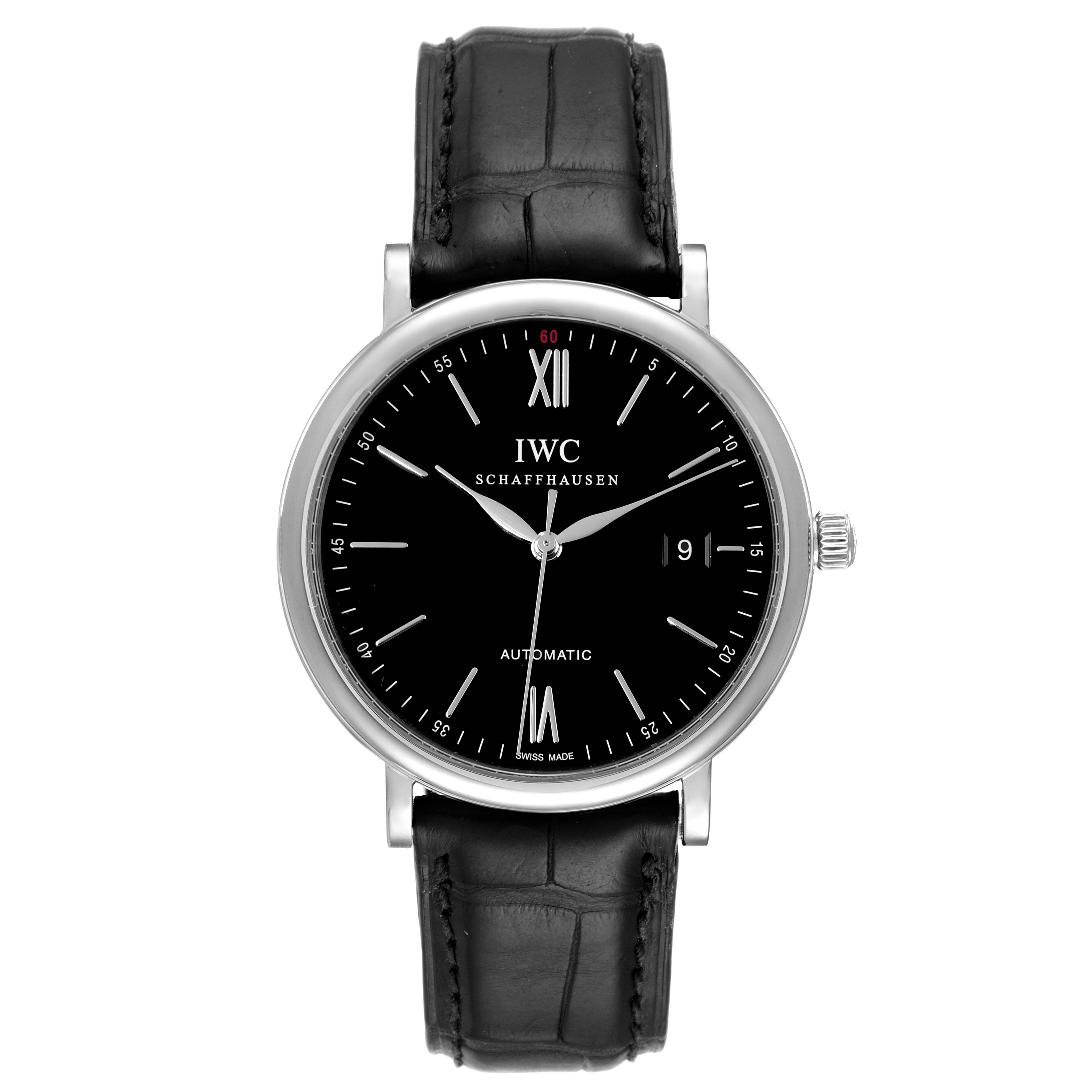 This image shows a front view of the IWC Portofino IW356502 Men's Stainless Steel Black Dial IW356502 Men's Stainless Steel Black Dial watch, highlighting its black dial, Roman numerals, and black leather strap.