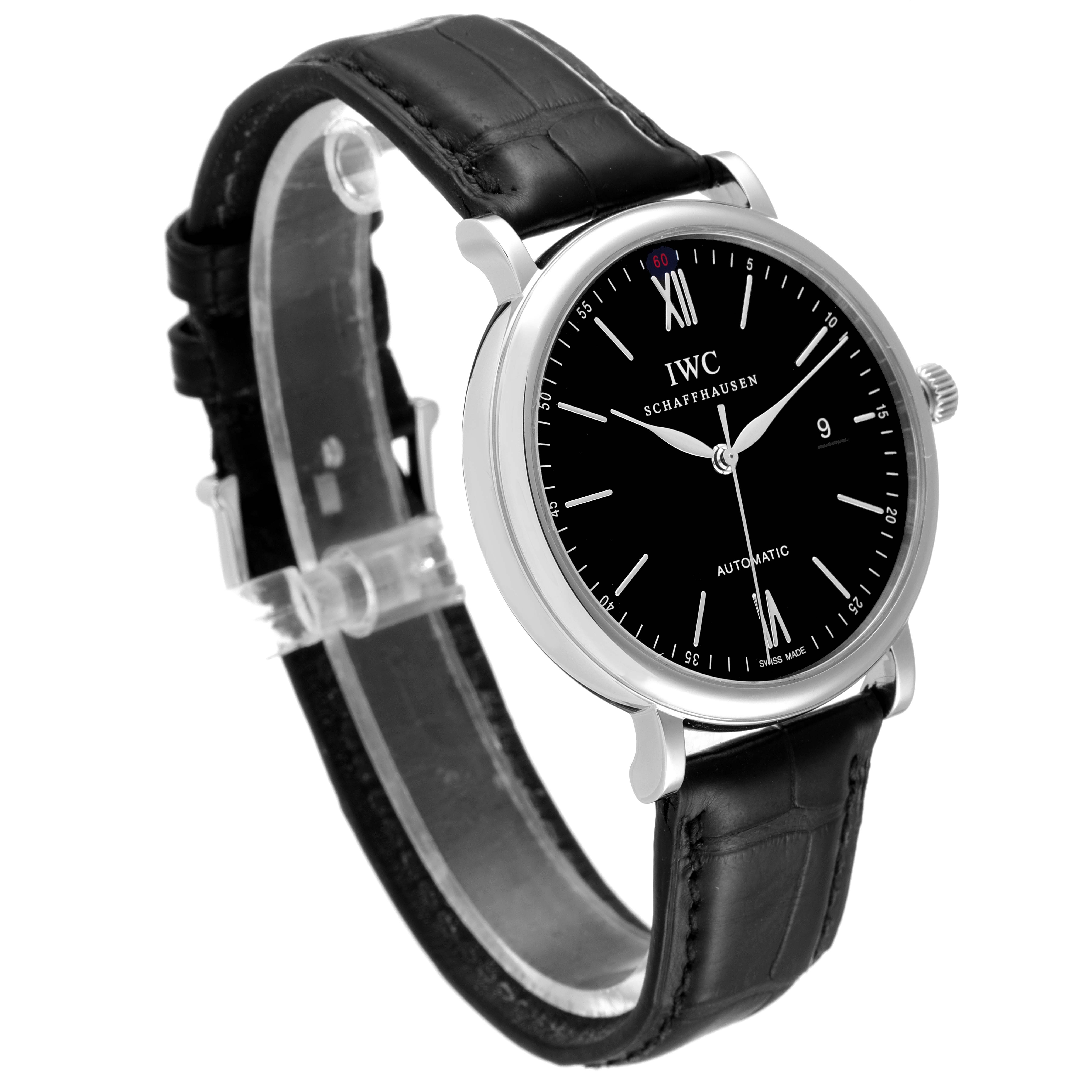 The image shows an angled view of an IWC Portofino IW356502 Men's Stainless Steel Black Dial IW356502 Men's Stainless Steel Black Dial watch, showcasing its black dial, silver case, and black leather strap.
