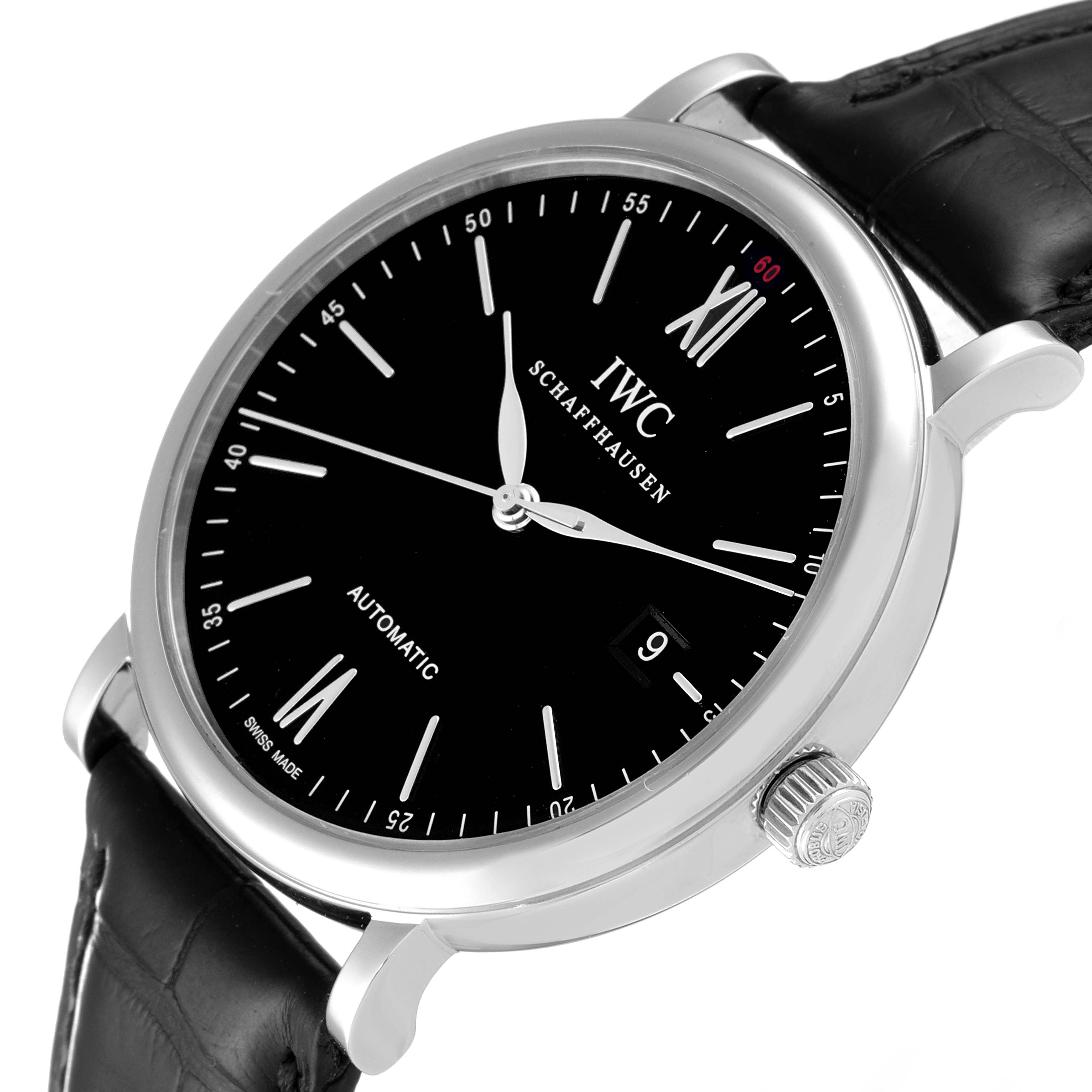 The image shows a IWC Portofino IW356502 Men's Stainless Steel Black Dial IW356502 Men's Stainless Steel Black Dial watch at an angled side view, highlighting the dial, hands, crown, and leather strap.