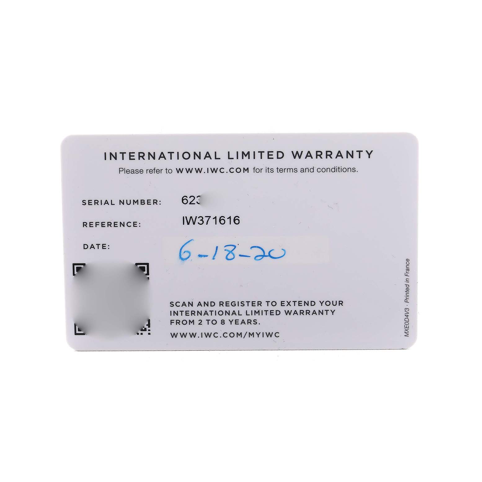 The image shows a warranty card for the IWC Portuguese IW371616 Men's Stainless Steel Red Dial model, displaying serial and reference numbers.