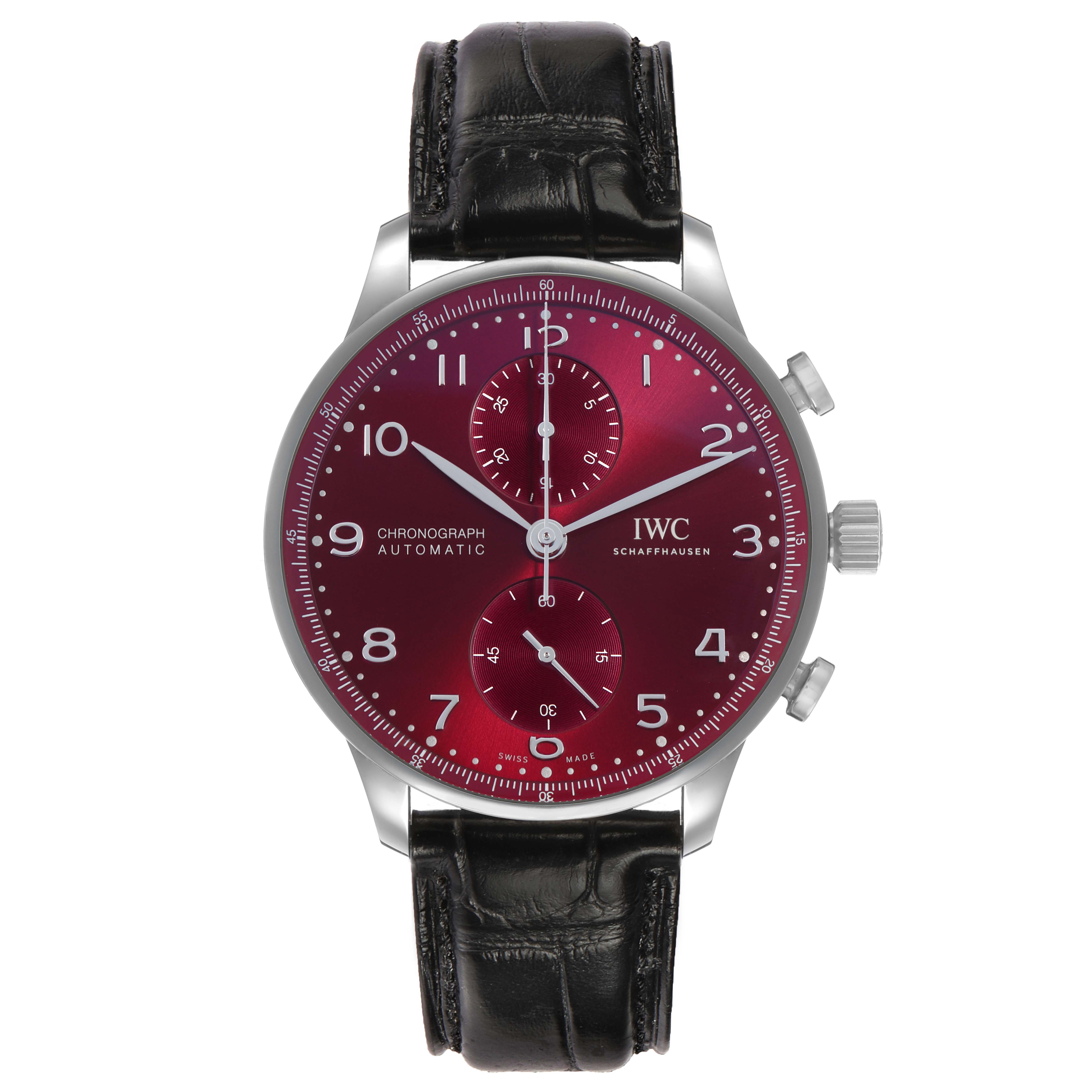 The IWC Portuguese IW371616 Men's Stainless Steel Red Dial watch is shown from a top-down angle, displaying the dial, crown, pushers, and leather strap.