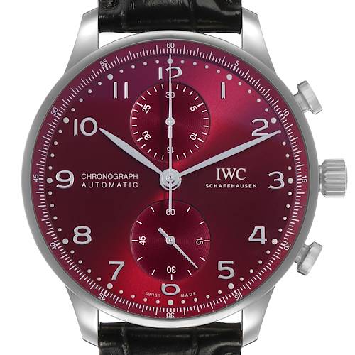 The IWC Portuguese IW371616 Men's Stainless Steel Red Dial model is shown from the front, highlighting the dial, chronograph subdials, and crown.