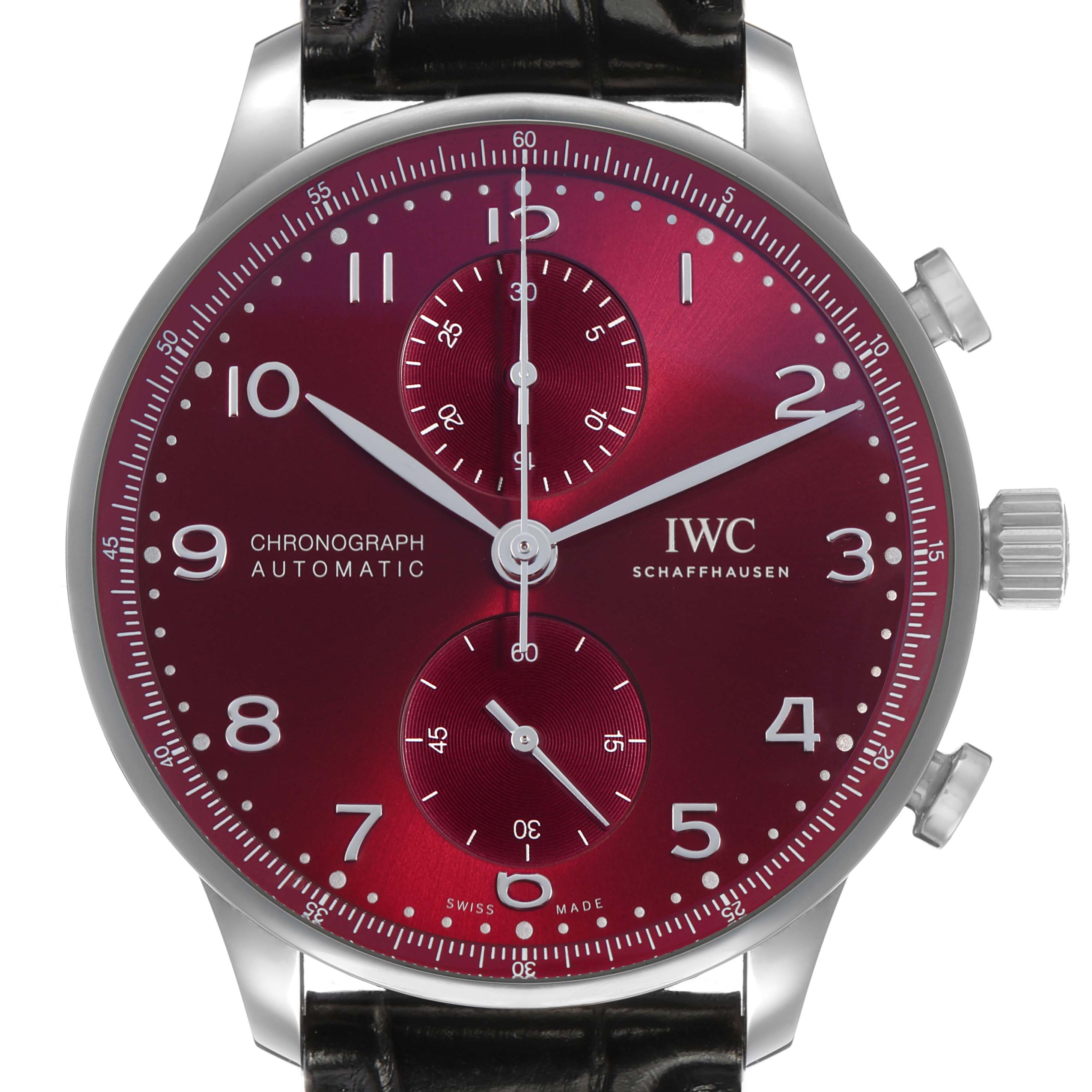 The IWC Portuguese IW371616 Men's Stainless Steel Red Dial watch is shown from the front, featuring a red dial, chronograph subdials, and a black strap.
