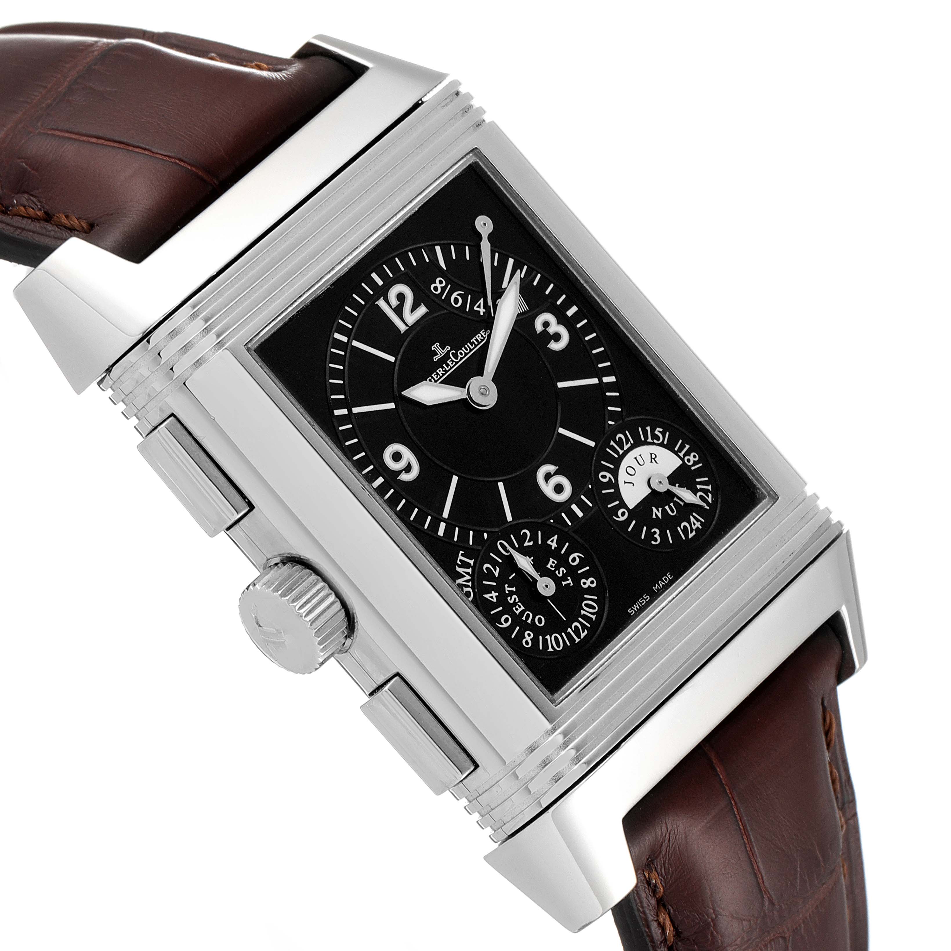 The image shows a close-up of the Jaeger-LeCoultre Reverso watch angled to display the face, crown, and part of the brown leather strap.