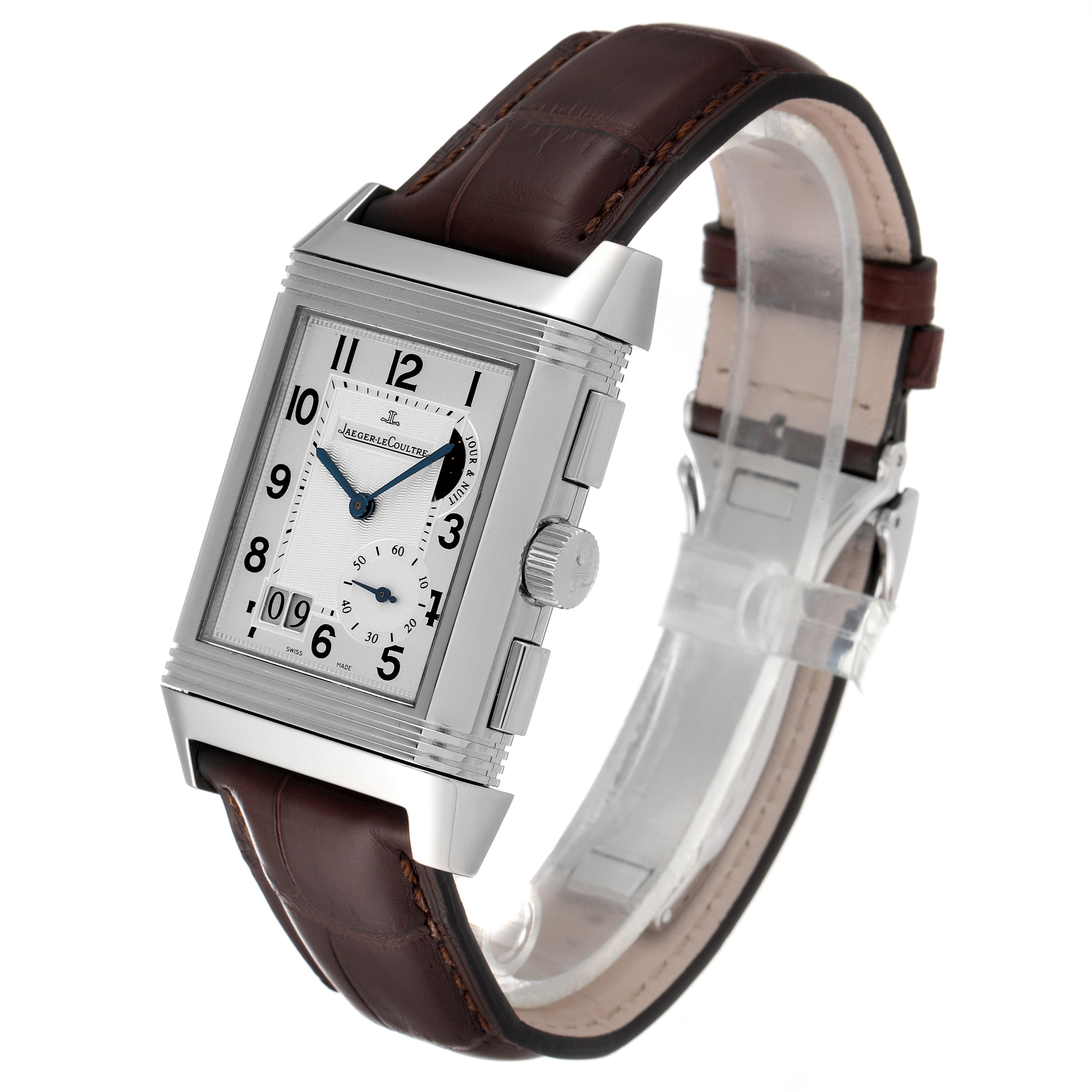 The image shows a front-angle view of a Jaeger LeCoultre Reverso Q3028420 Men
s Stainless Steel Silver Dial Q3028420 Men
s Stainless Steel Silver Dial watch with a brown leather strap and silver rectangular case.