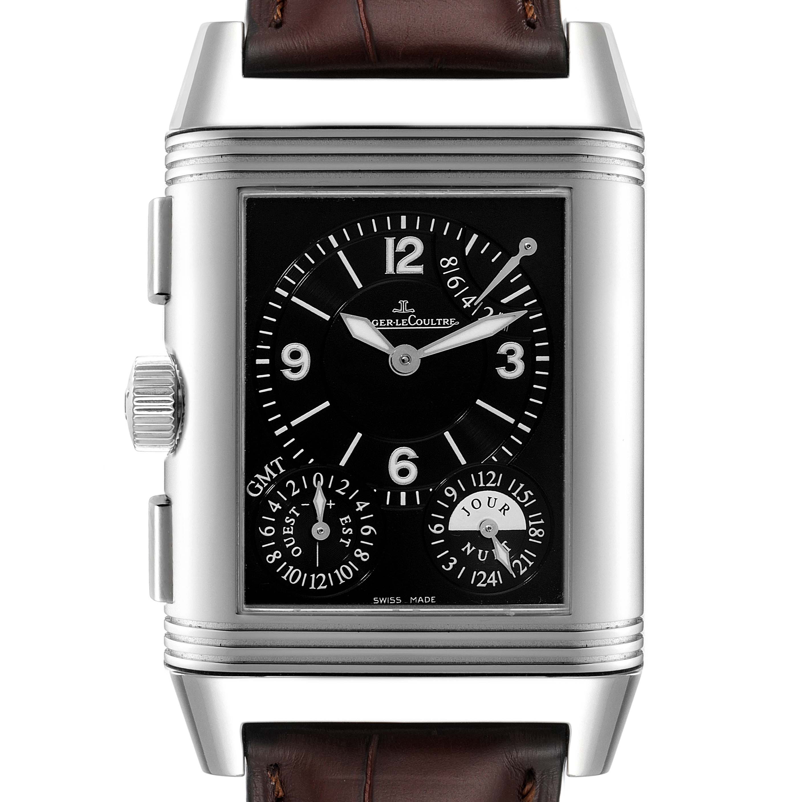 The image shows a front view of a Jaeger LeCoultre Reverso Q3028420 Men
s Stainless Steel Silver Dial Q3028420 Men
s Stainless Steel Silver Dial watch, displaying the dial and case detailed with its crown and pushers.