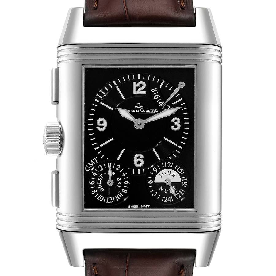 The image shows a front view of a Jaeger LeCoultre Reverso watch, displaying the dial and case detailed with its crown and pushers.