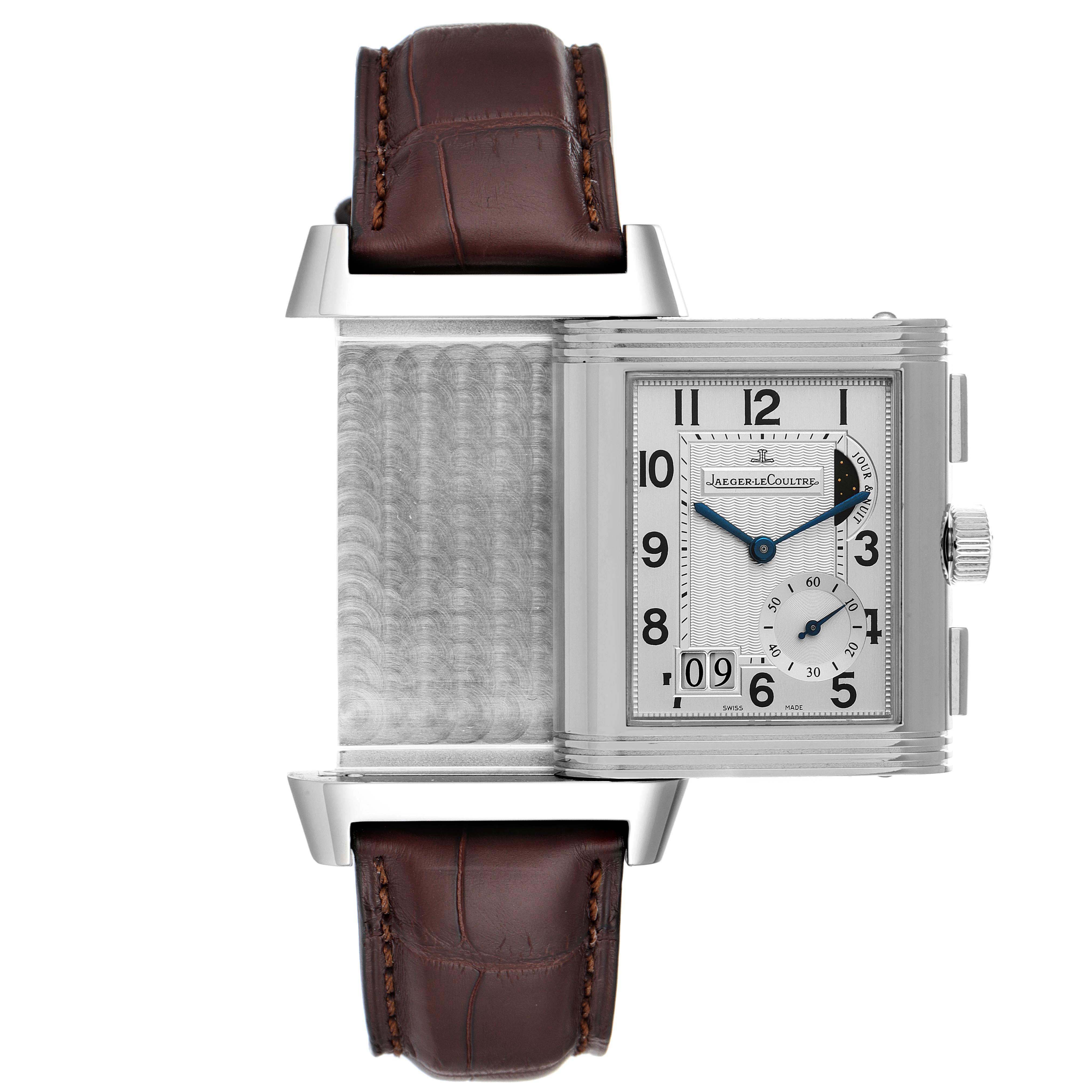 A Jaeger LeCoultre Reverso Q3028420 Men
s Stainless Steel Silver Dial Q3028420 Men
s Stainless Steel Silver Dial watch showing the front dial and its reversed closed back, positioned horizontally.
