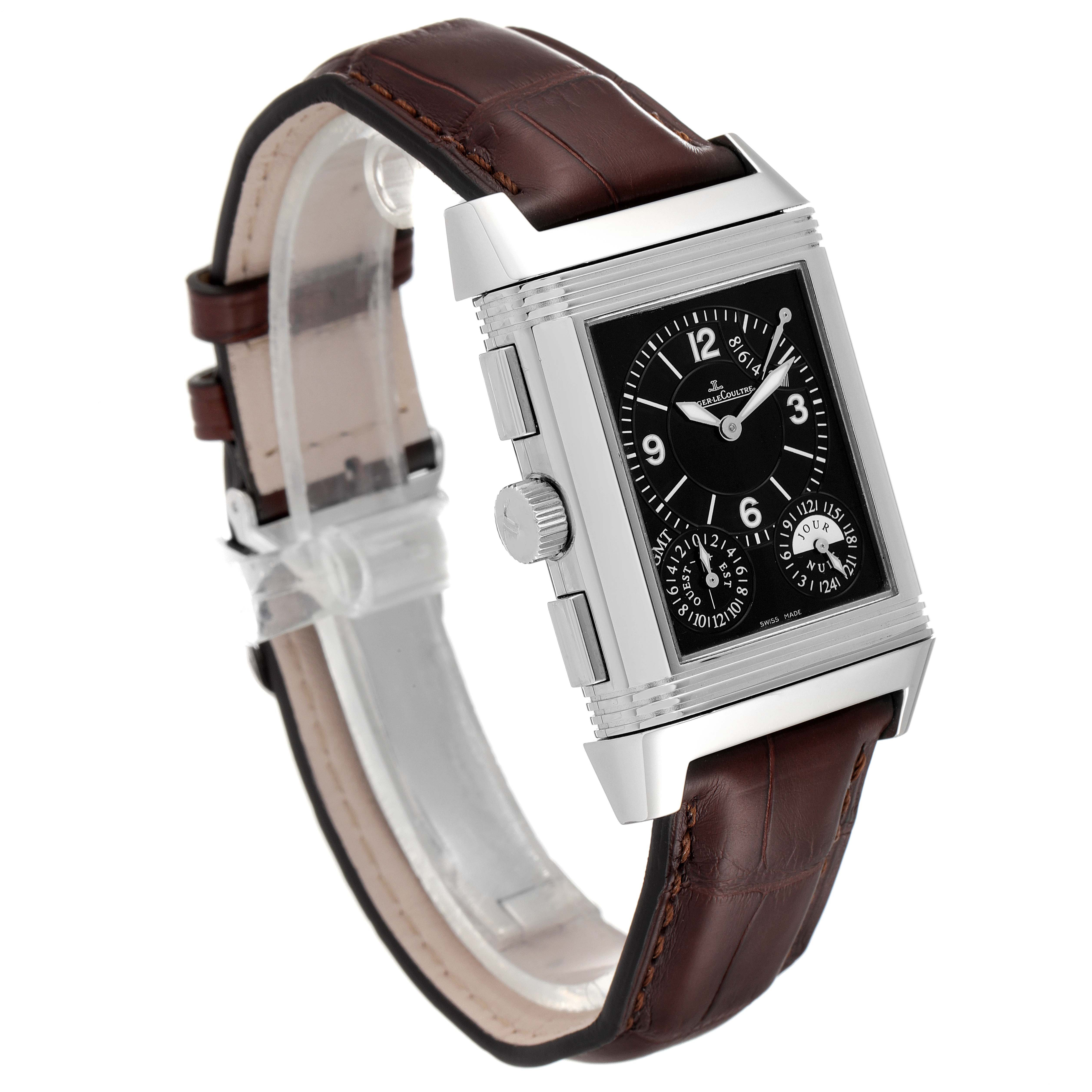 The Jaeger-LeCoultre Reverso model is shown at an angle highlighting its rectangular dial, crown, and brown leather strap.