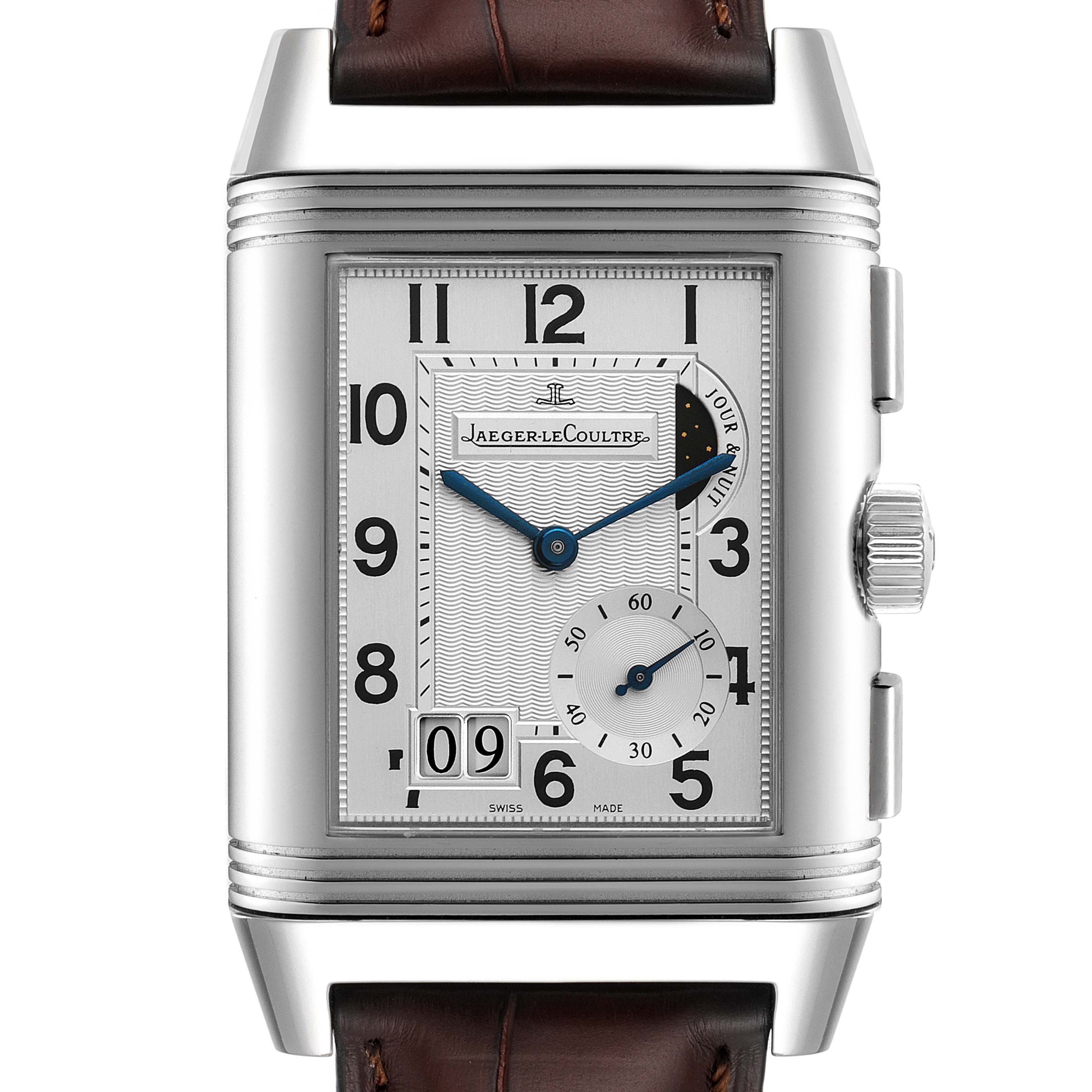 This is a frontal view of the Jaeger-LeCoultre Reverso watch displaying the dial, crown, and part of the leather strap.
