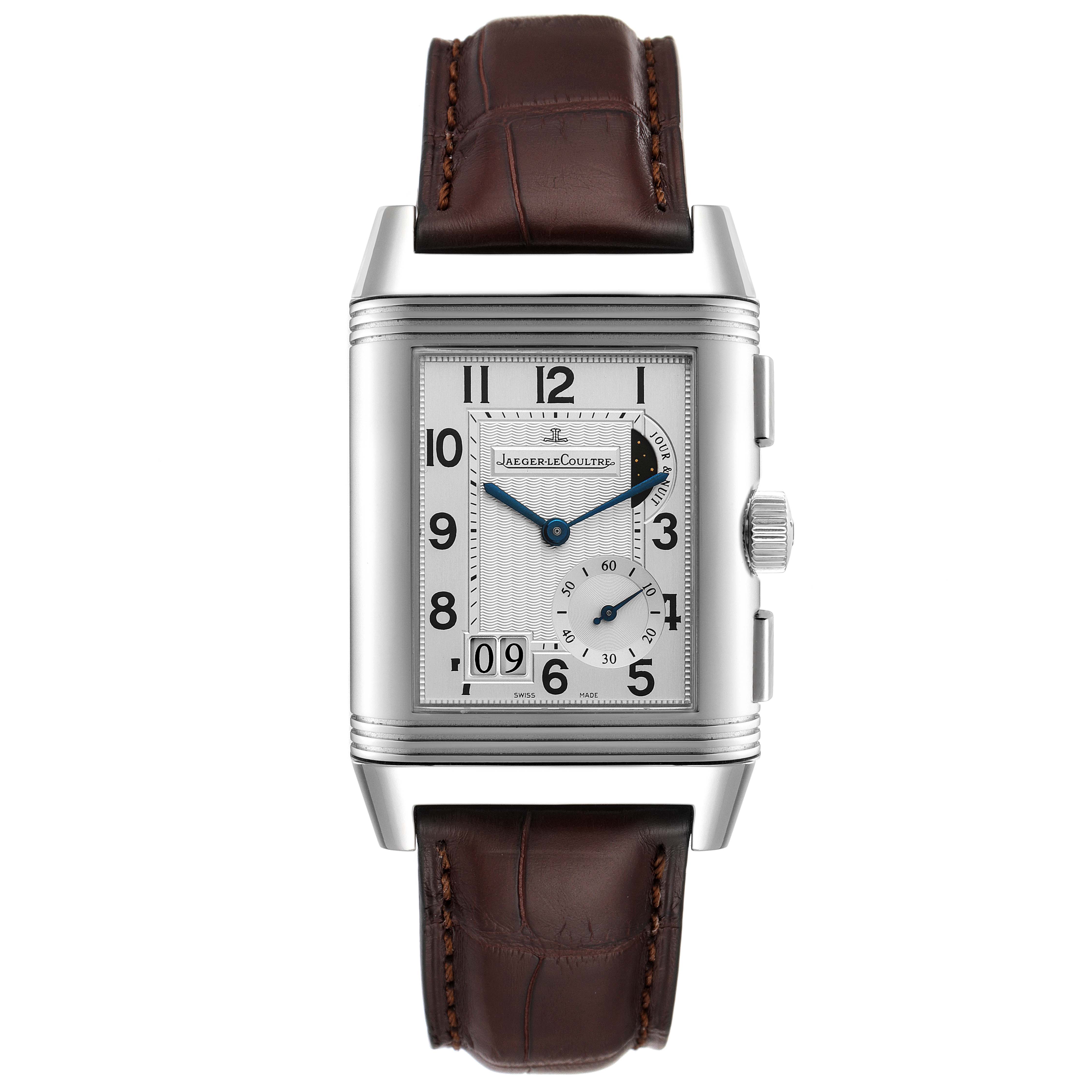 This image shows a front view of a Jaeger-LeCoultre Reverso watch with a brown leather strap.