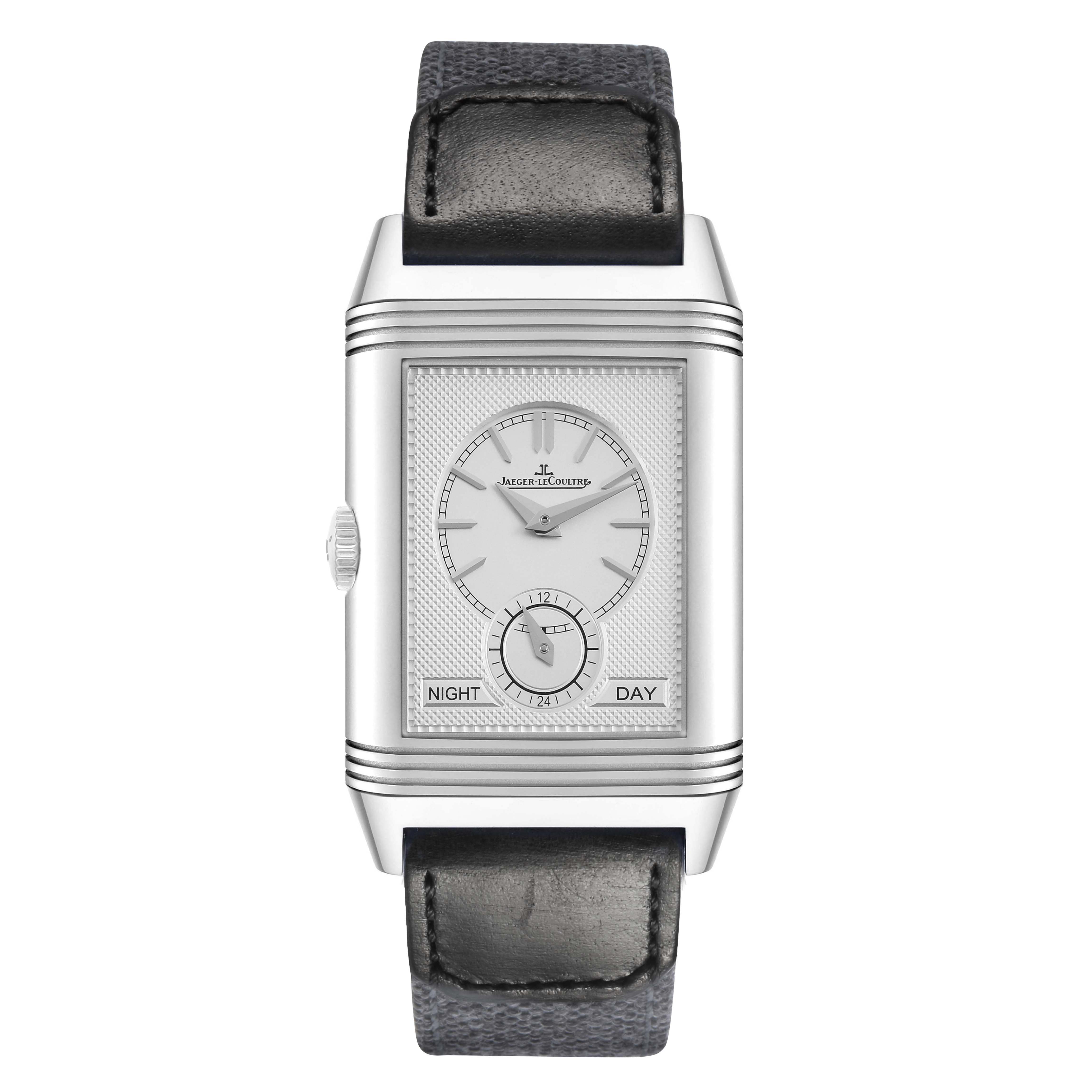 The image shows a front view of the Jaeger-LeCoultre Reverso watch, highlighting its dial, case, and strap.