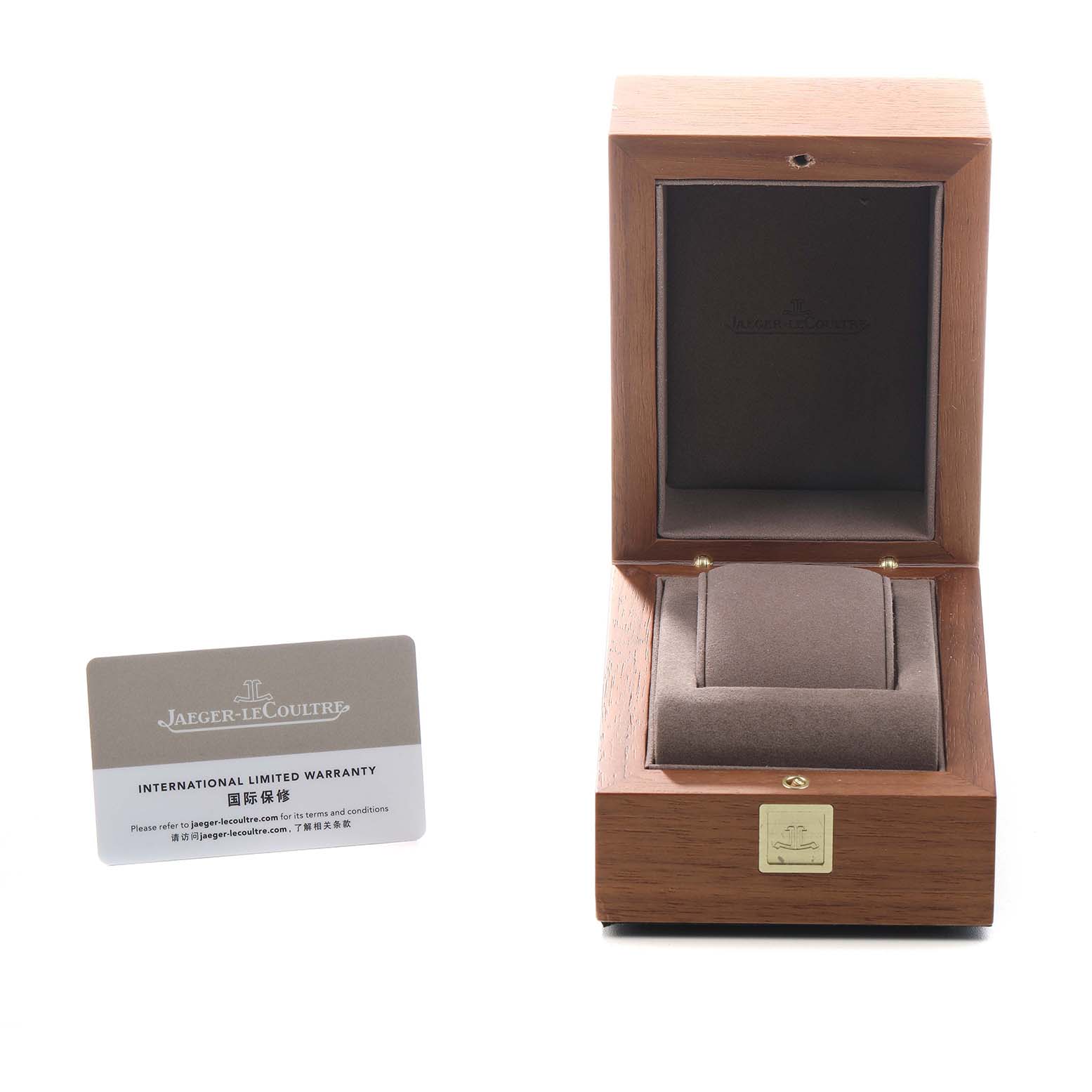 The image shows an open Jaeger LeCoultre Reverso Q3988482/215.8.D4 Men's Stainless Steel Blue Dial watch box and an international warranty card.
