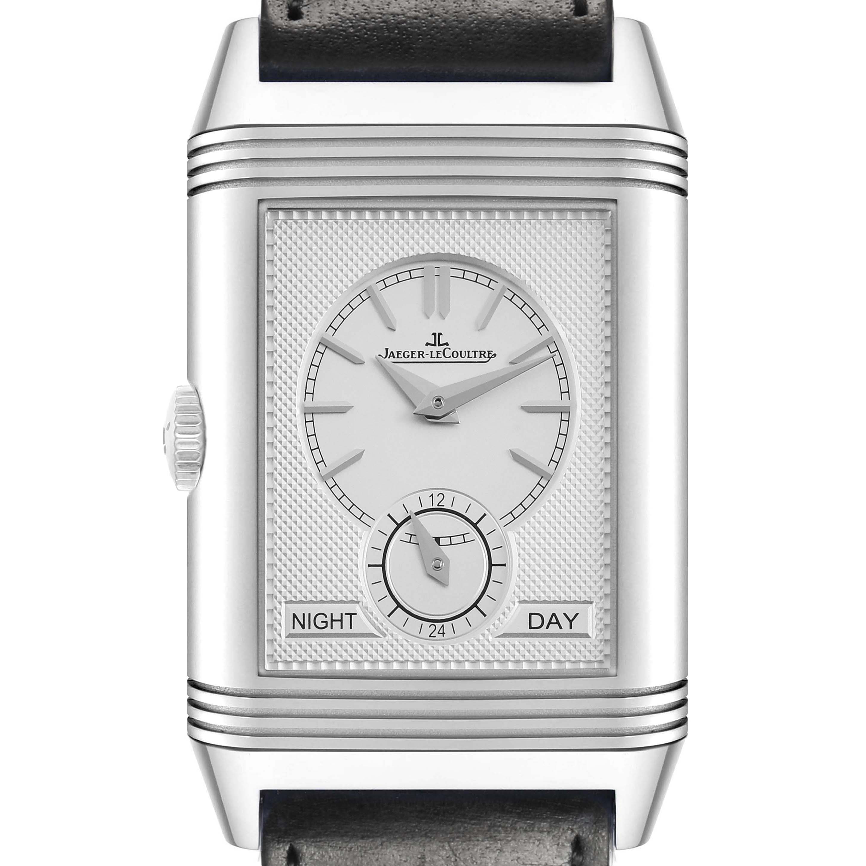 The Jaeger-LeCoultre Reverso watch is shown from the front, displaying the dial with time, day/night indicator, and crown.