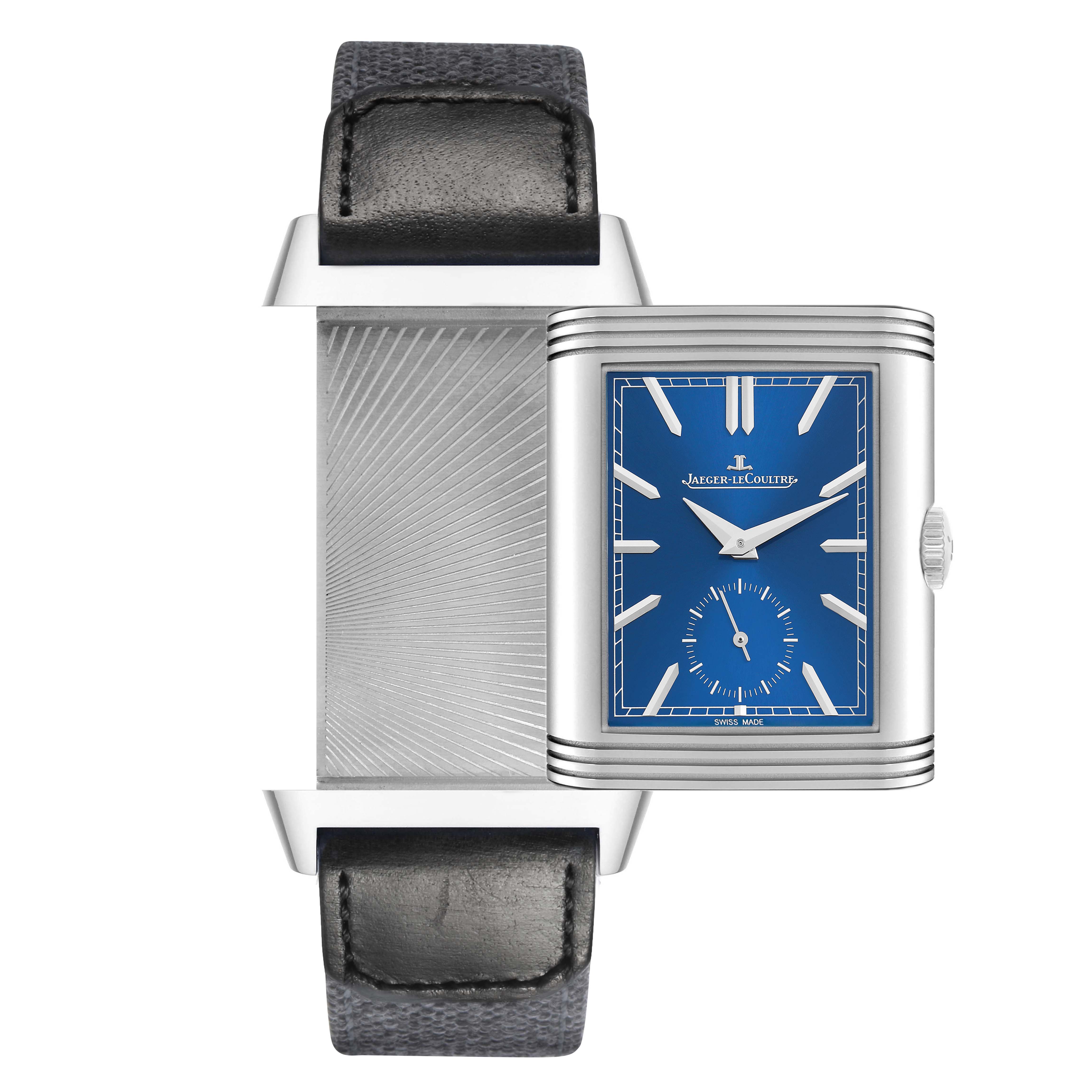 The Jaeger-LeCoultre Reverso watch is shown with its case swiveled open, exposing the intricate backside and blue dial.