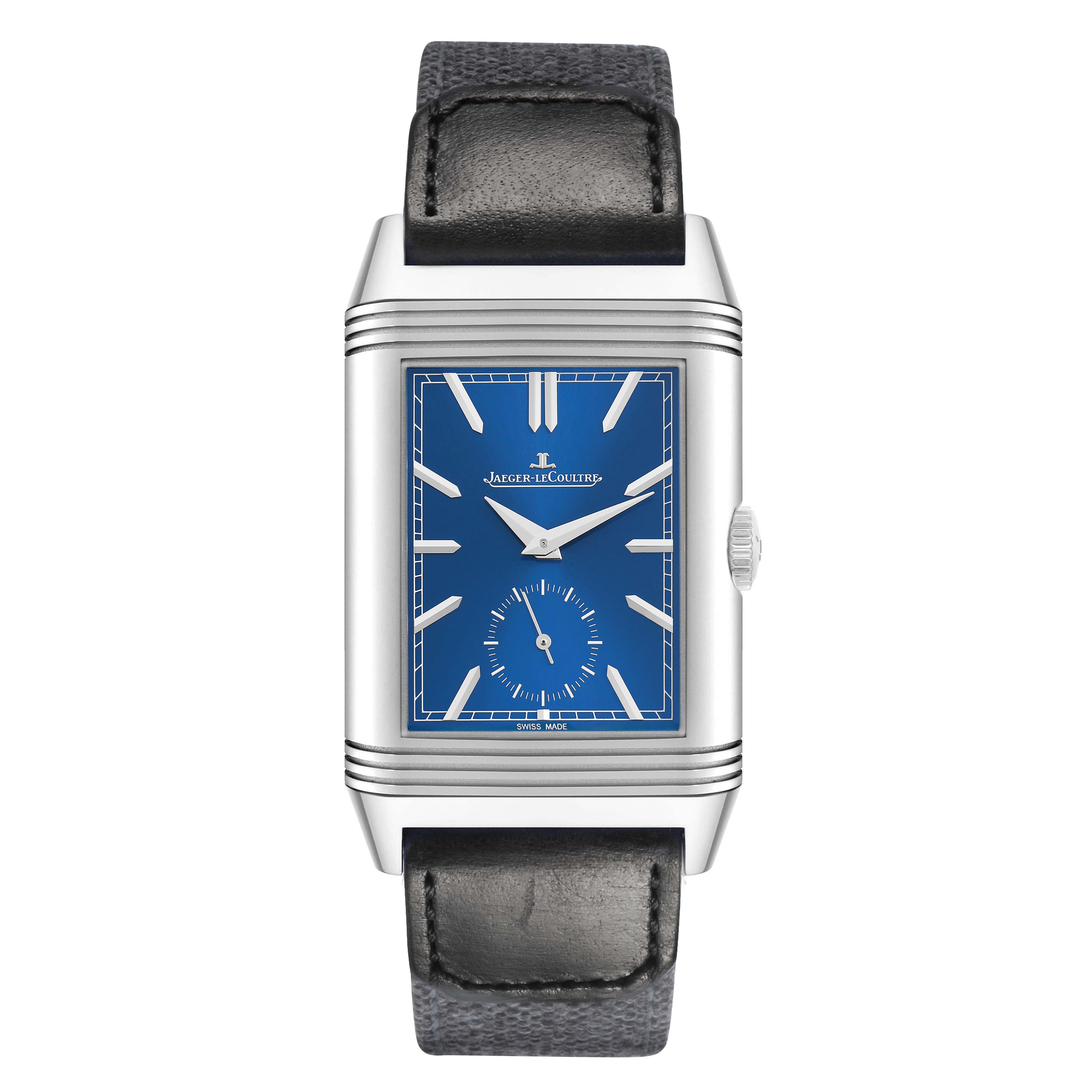 The Jaeger-LeCoultre Reverso watch is shown from a front angle, highlighting its blue dial, hands, indices, and leather strap.
