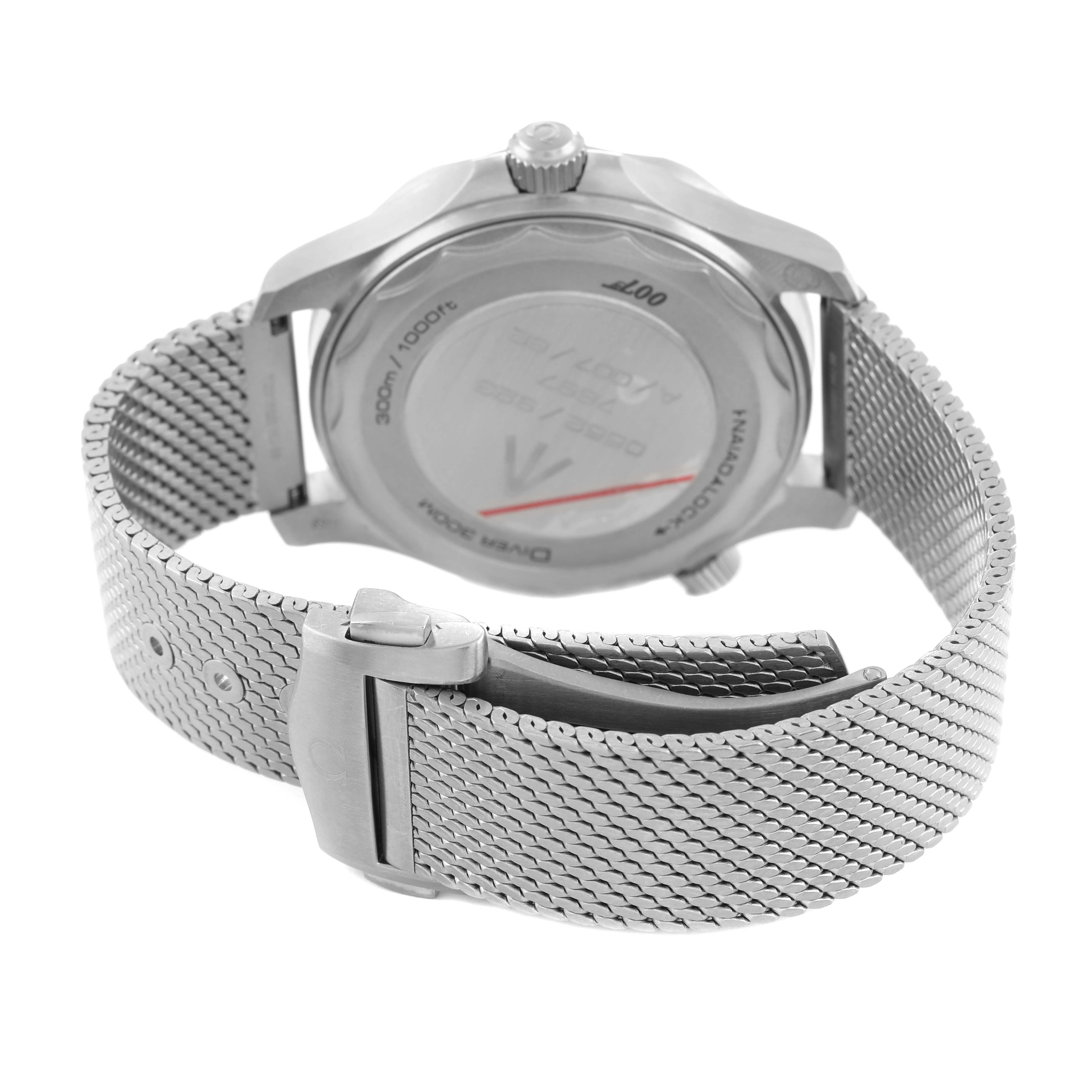 The image shows the back and side view of an Omega Seamaster 210.90.42.20.01.001 Men's Titanium Brown Dial watch, highlighting its mesh strap and clasp.