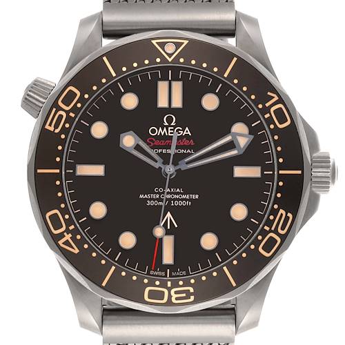 The Omega Seamaster 210.90.42.20.01.001 Men's Titanium Brown Dial watch is shown from the front, highlighting the dial, bezel, and crown.