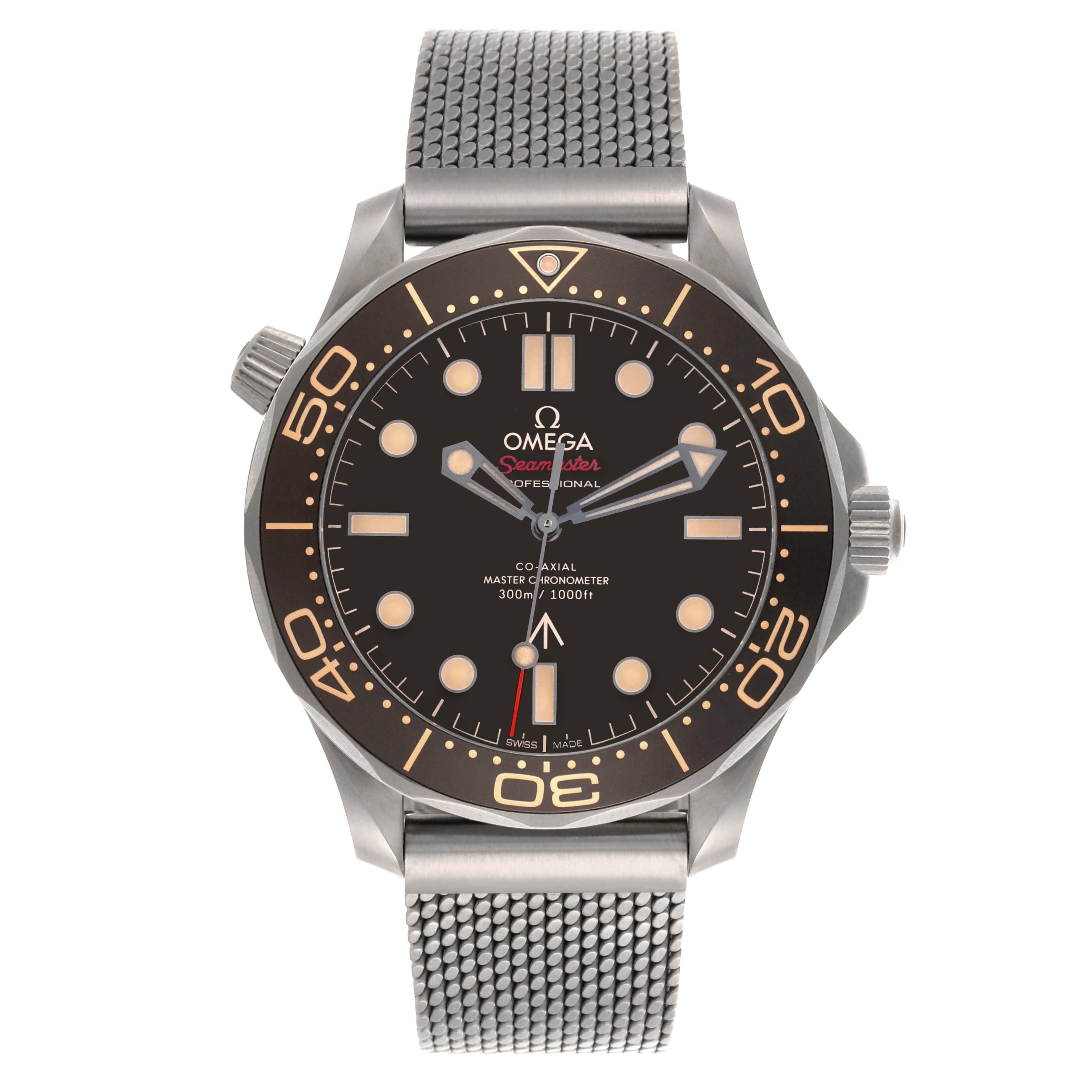 The Omega Seamaster 210.90.42.20.01.001 Men's Titanium Brown Dial watch is shown from a direct front angle, displaying the dial, bezel, and metal mesh bracelet.