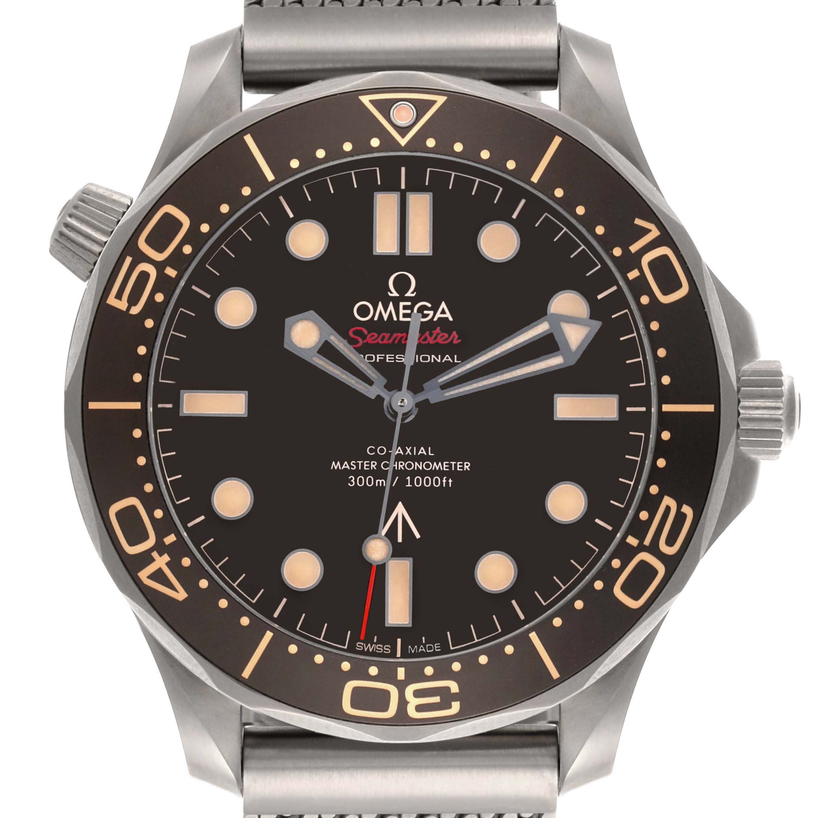 The Omega Seamaster 210.90.42.20.01.001 Men's Titanium Brown Dial watch is shown from a front angle, displaying the bezel, dial, hands, and crown.
