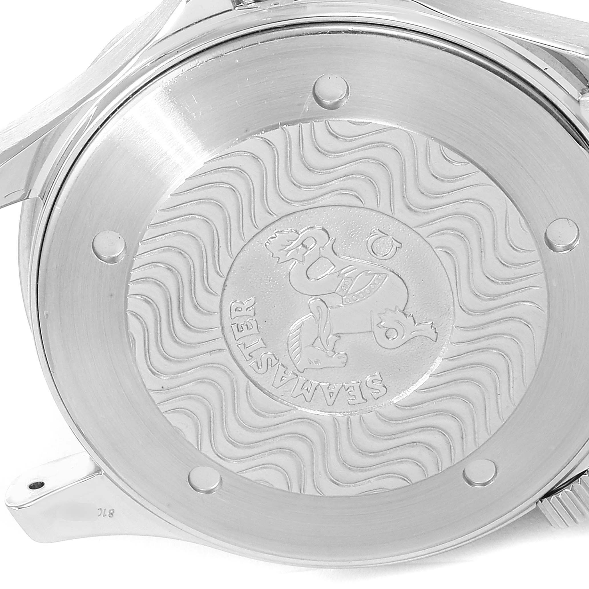 The image shows the back view of the Omega Seamaster 2255.80.00 Men's Stainless Steel Blue Dial 2255.80.00 Men's Stainless Steel Blue Dial watch, highlighting its case back design and wave pattern engraving.