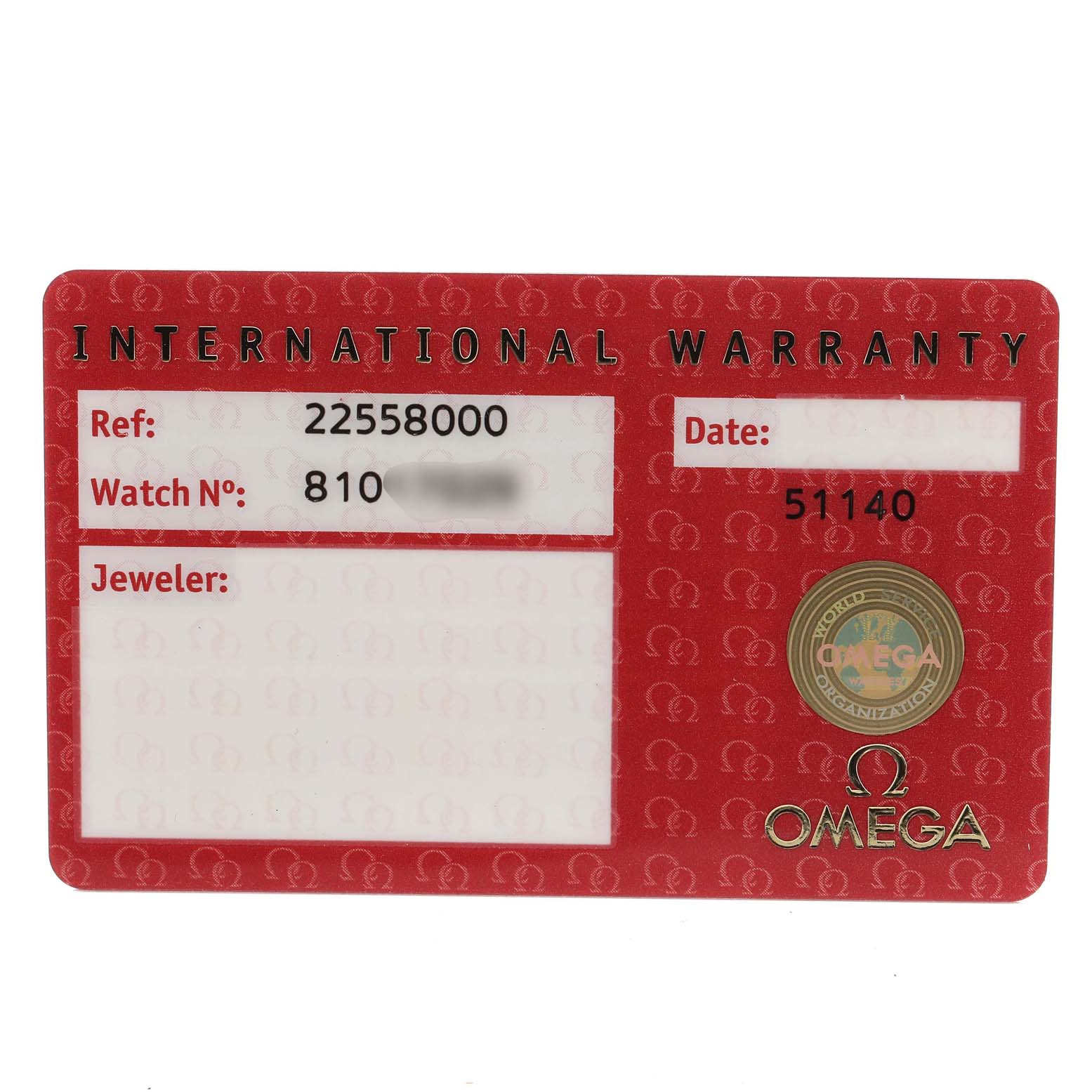 The image shows the International Warranty card for the Omega Seamaster 2255.80.00 Men's Stainless Steel Blue Dial 2255.80.00 Men's Stainless Steel Blue Dial model, displaying reference number and watch number.