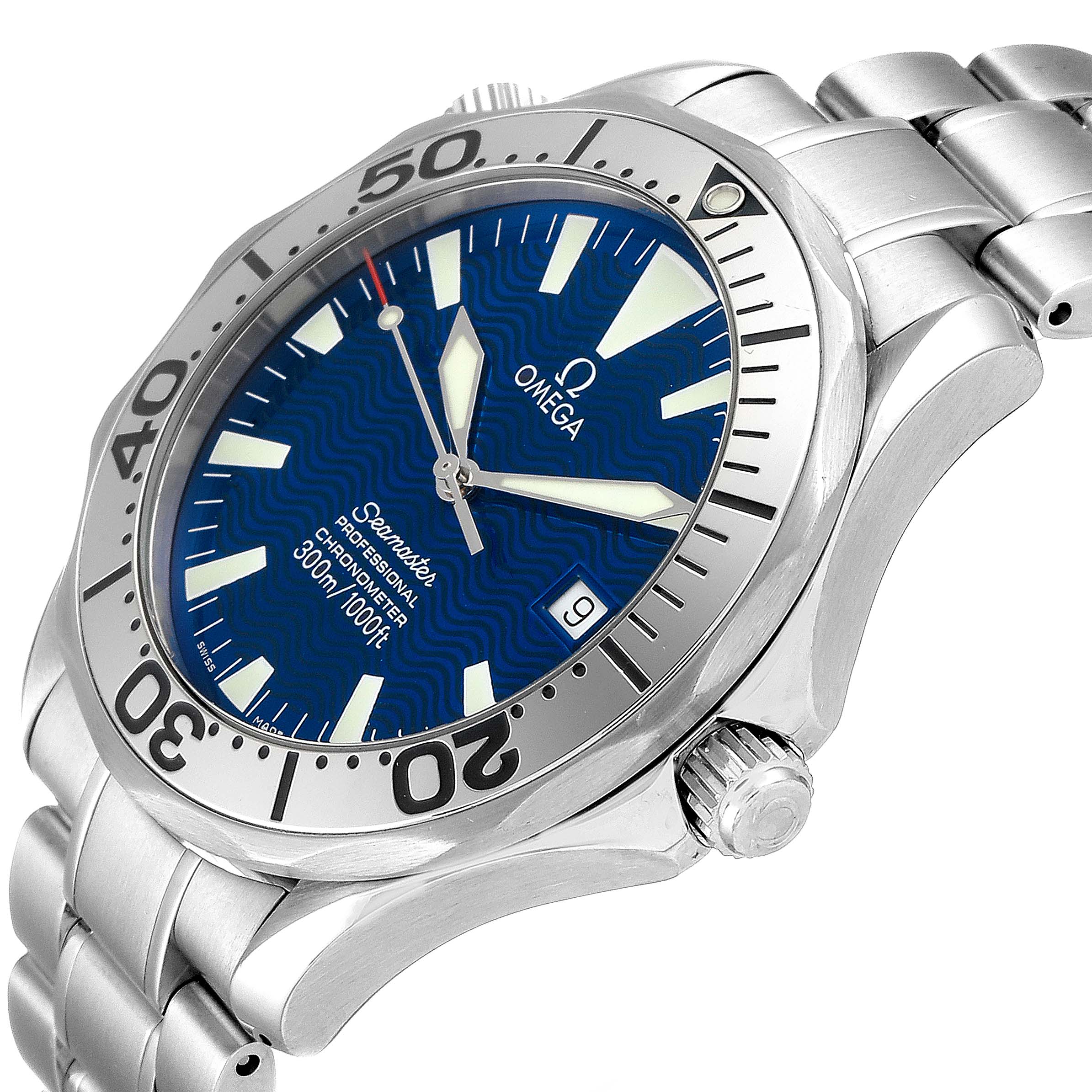 The image shows an angled view of the Omega Seamaster 2255.80.00 Men's Stainless Steel Blue Dial 2255.80.00 Men's Stainless Steel Blue Dial watch, highlighting the face, bezel, crown, and metal bracelet.