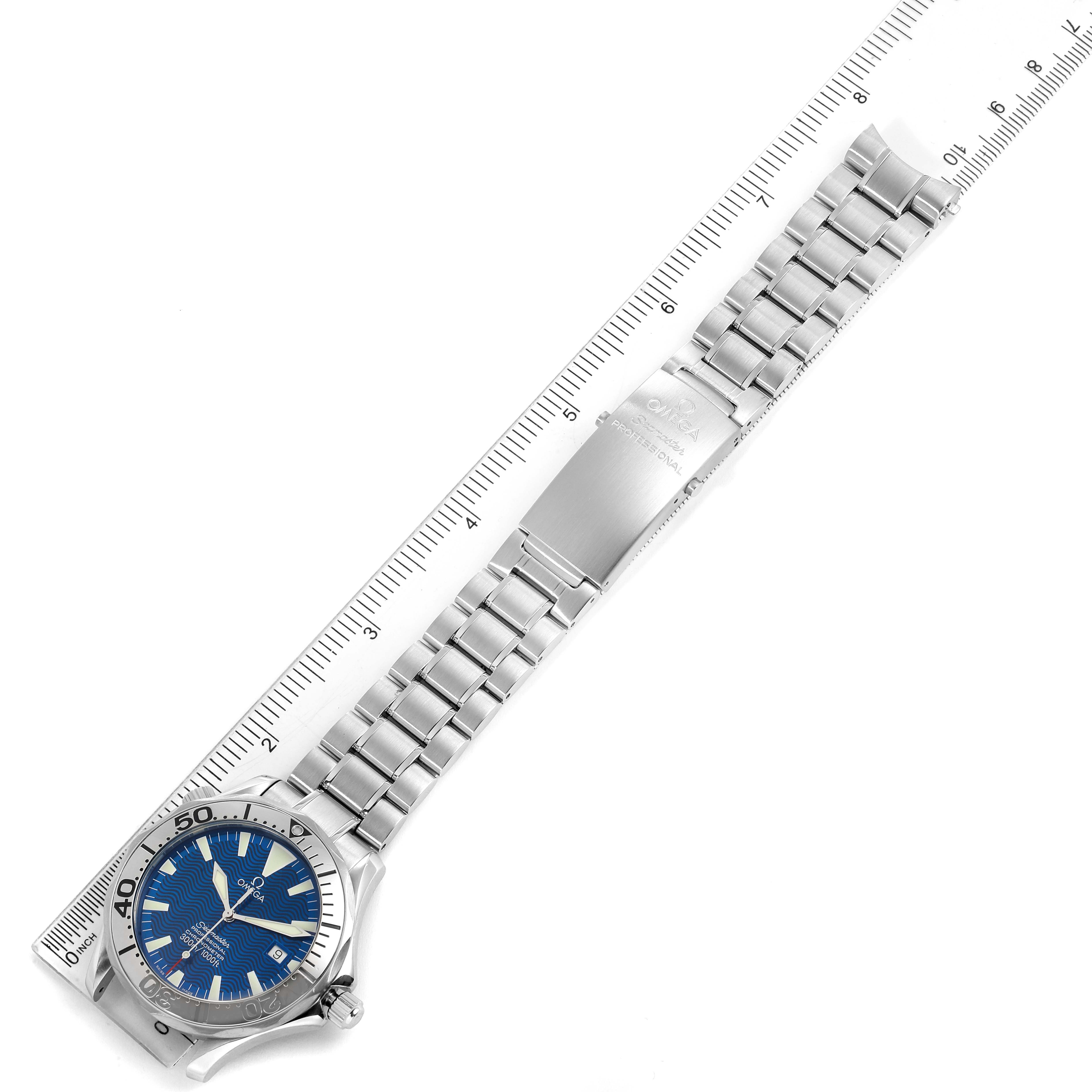 The image shows the Omega Seamaster 2255.80.00 Men's Stainless Steel Blue Dial 2255.80.00 Men's Stainless Steel Blue Dial watch fully extended, showcasing the watch face, bezel, bracelet, and clasp at a top view angle.