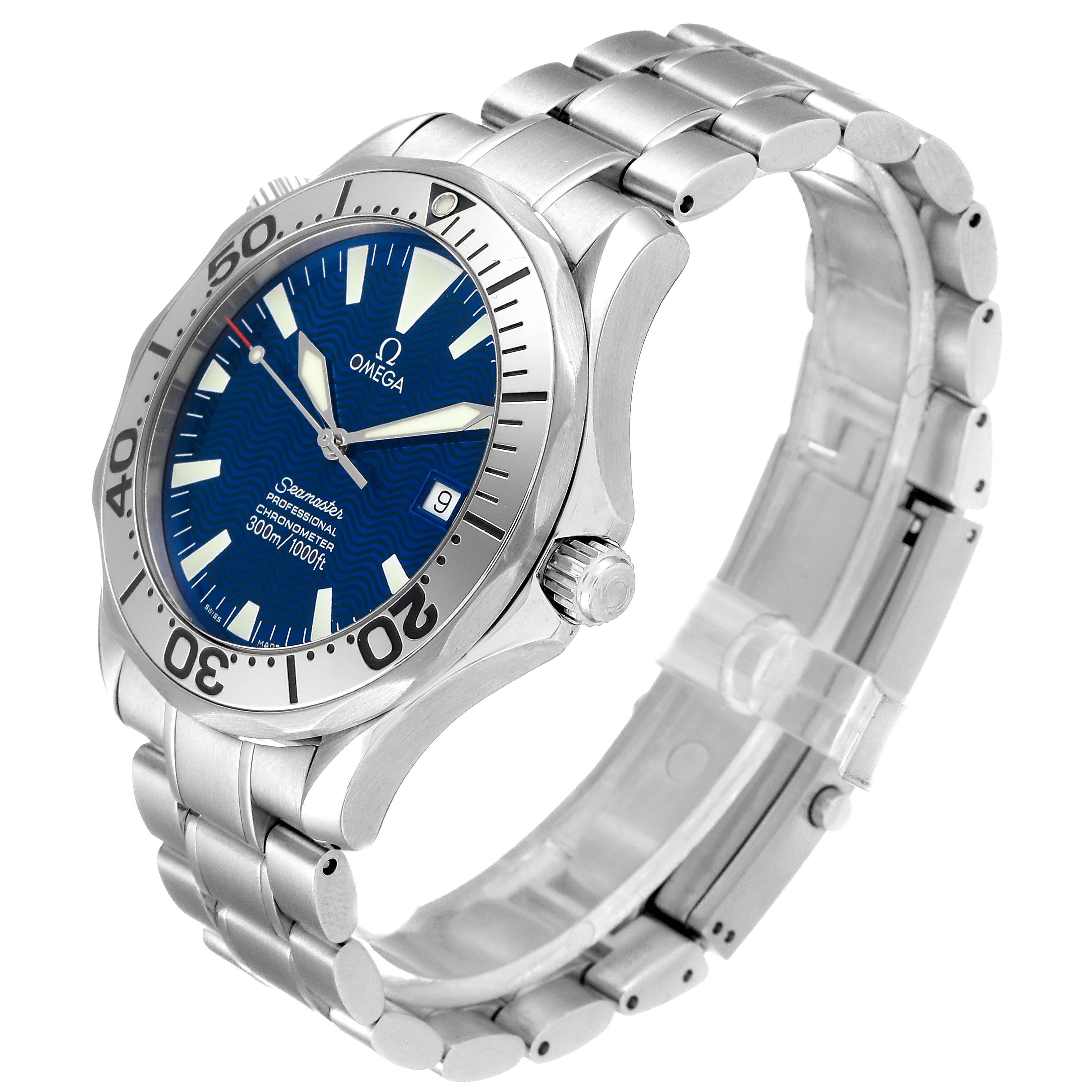 The Omega Seamaster 2255.80.00 Men's Stainless Steel Blue Dial 2255.80.00 Men's Stainless Steel Blue Dial watch is shown at a three-quarter angle, highlighting its blue dial, bezel, case, and stainless steel bracelet.