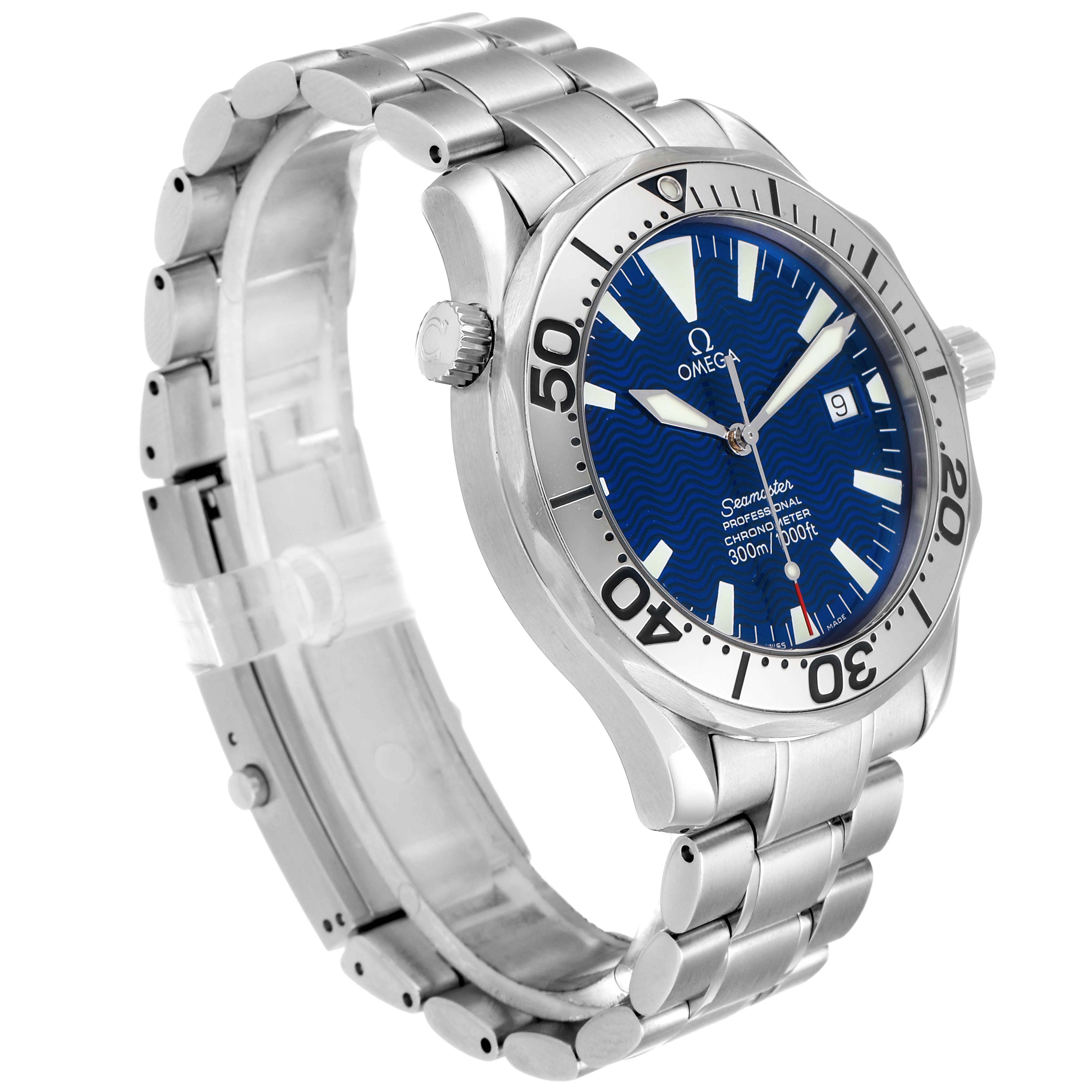 The image shows a side angle view of an Omega Seamaster 2255.80.00 Men's Stainless Steel Blue Dial 2255.80.00 Men's Stainless Steel Blue Dial watch displaying the bracelet, bezel, dial, and crown.