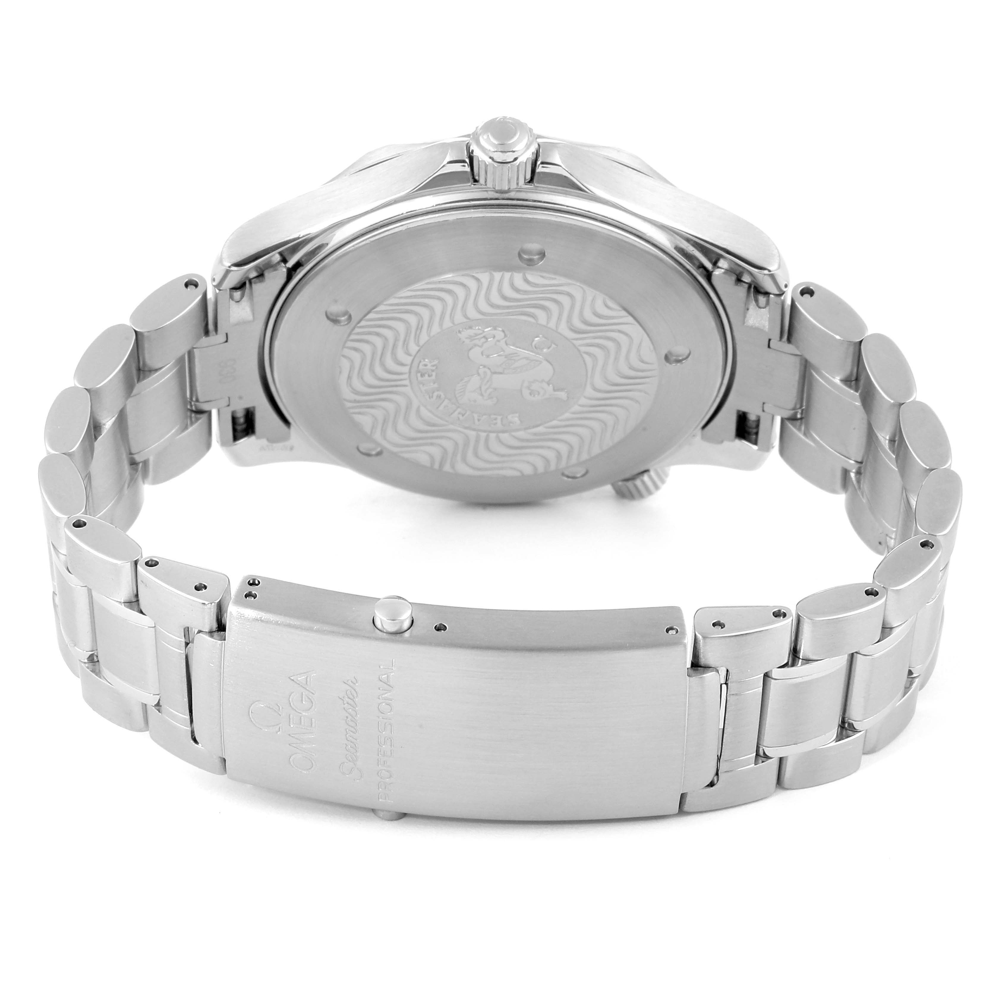 The image shows the back view and clasp of an Omega Seamaster 2255.80.00 Men's Stainless Steel Blue Dial 2255.80.00 Men's Stainless Steel Blue Dial watch, highlighting the case back and metal bracelet.