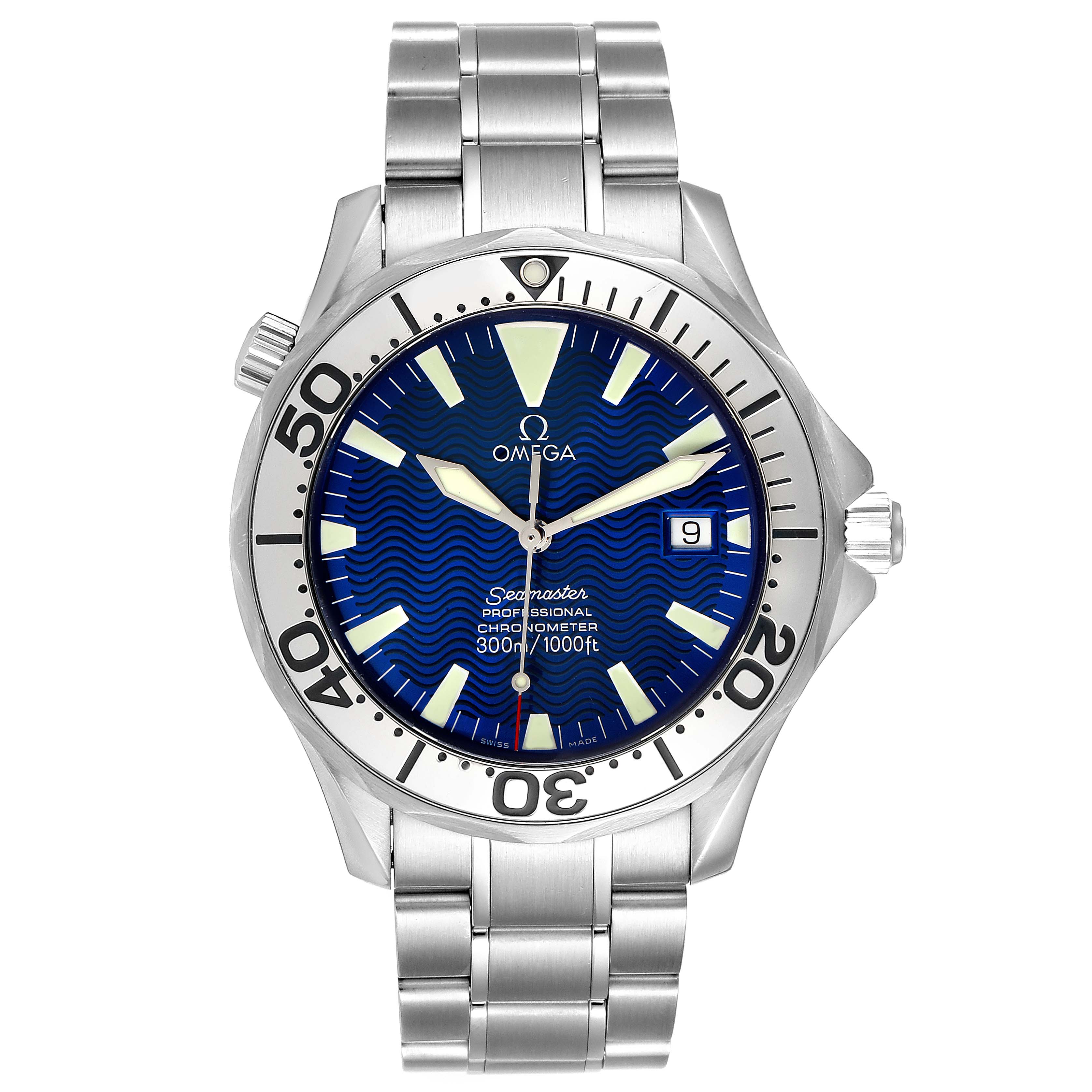 The image shows a front view of the Omega Seamaster 2255.80.00 Men's Stainless Steel Blue Dial 2255.80.00 Men's Stainless Steel Blue Dial watch, displaying its case, bezel, dial, hands, and bracelet.