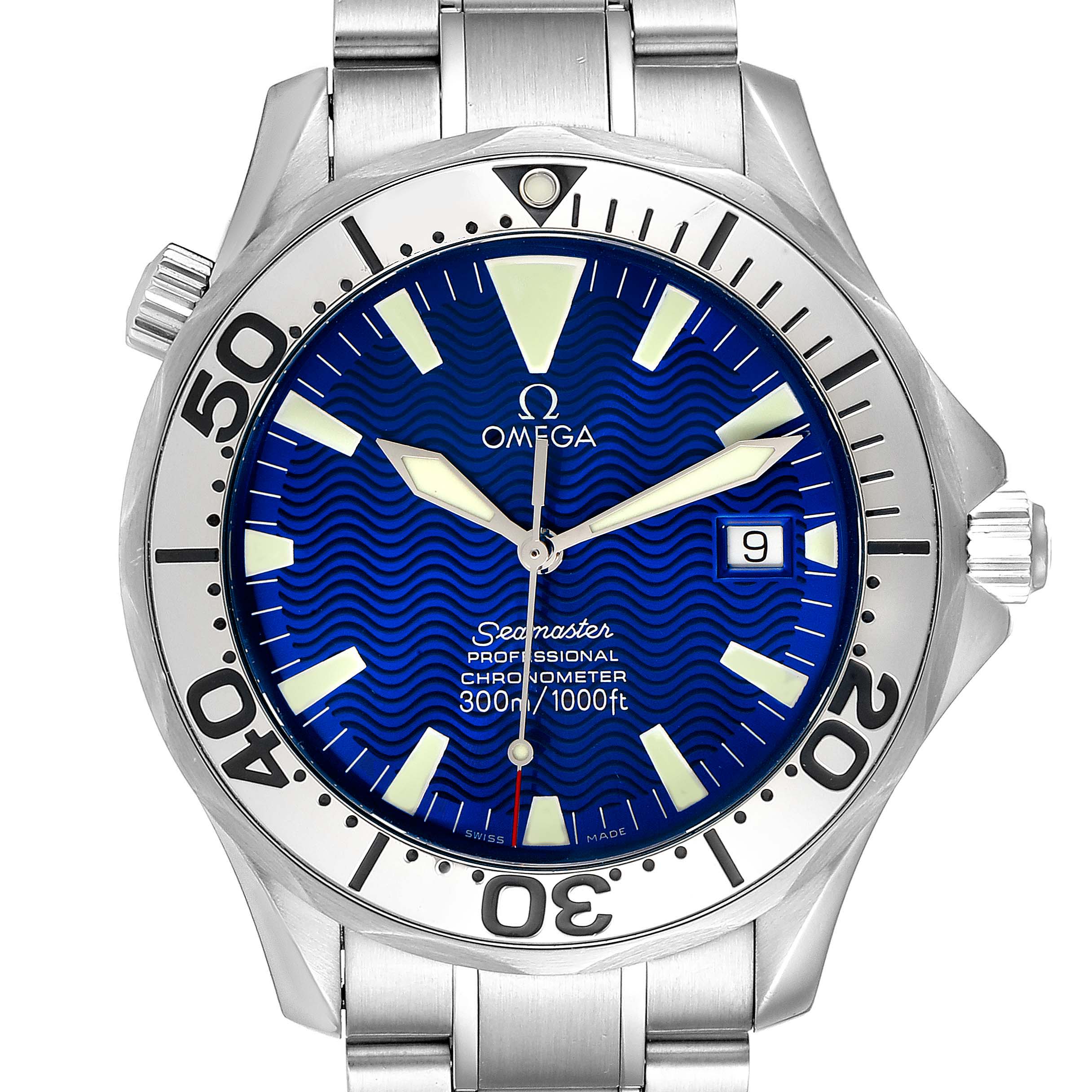 The image displays a front view of an Omega Seamaster 2255.80.00 Men's Stainless Steel Blue Dial 2255.80.00 Men's Stainless Steel Blue Dial watch, showing the face, bezel, crown, and part of the metal bracelet.