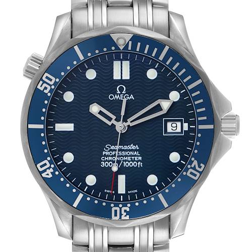 The Omega Seamaster 2531.80.00 Men's Stainless Steel Blue Dial model is shown from the front, displaying its dial, bezel, hands, date window, and part of the bracelet.