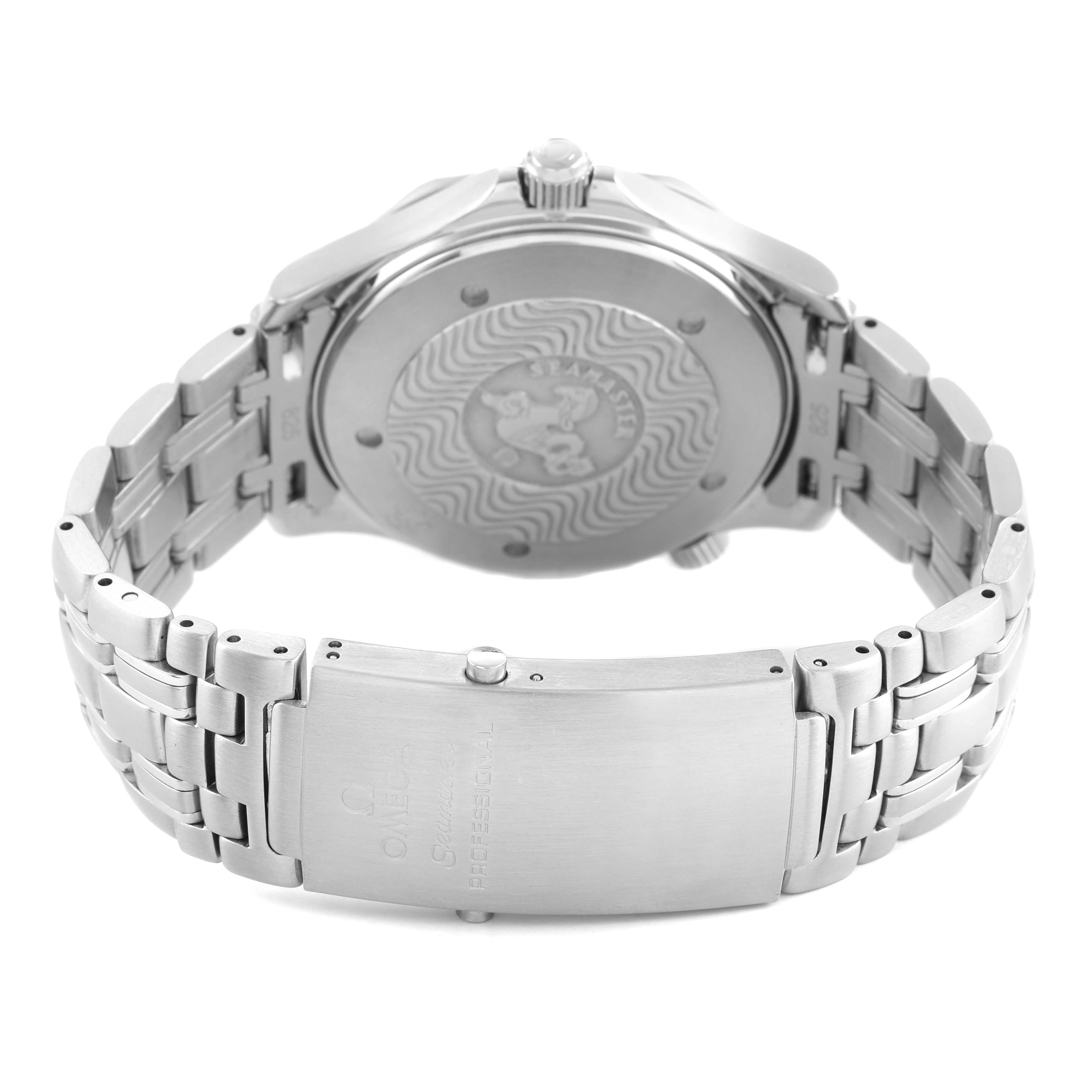 The image shows the back and clasp of the Omega Seamaster 2531.80.00 Men's Stainless Steel Blue Dial watch, highlighting the case back and bracelet.