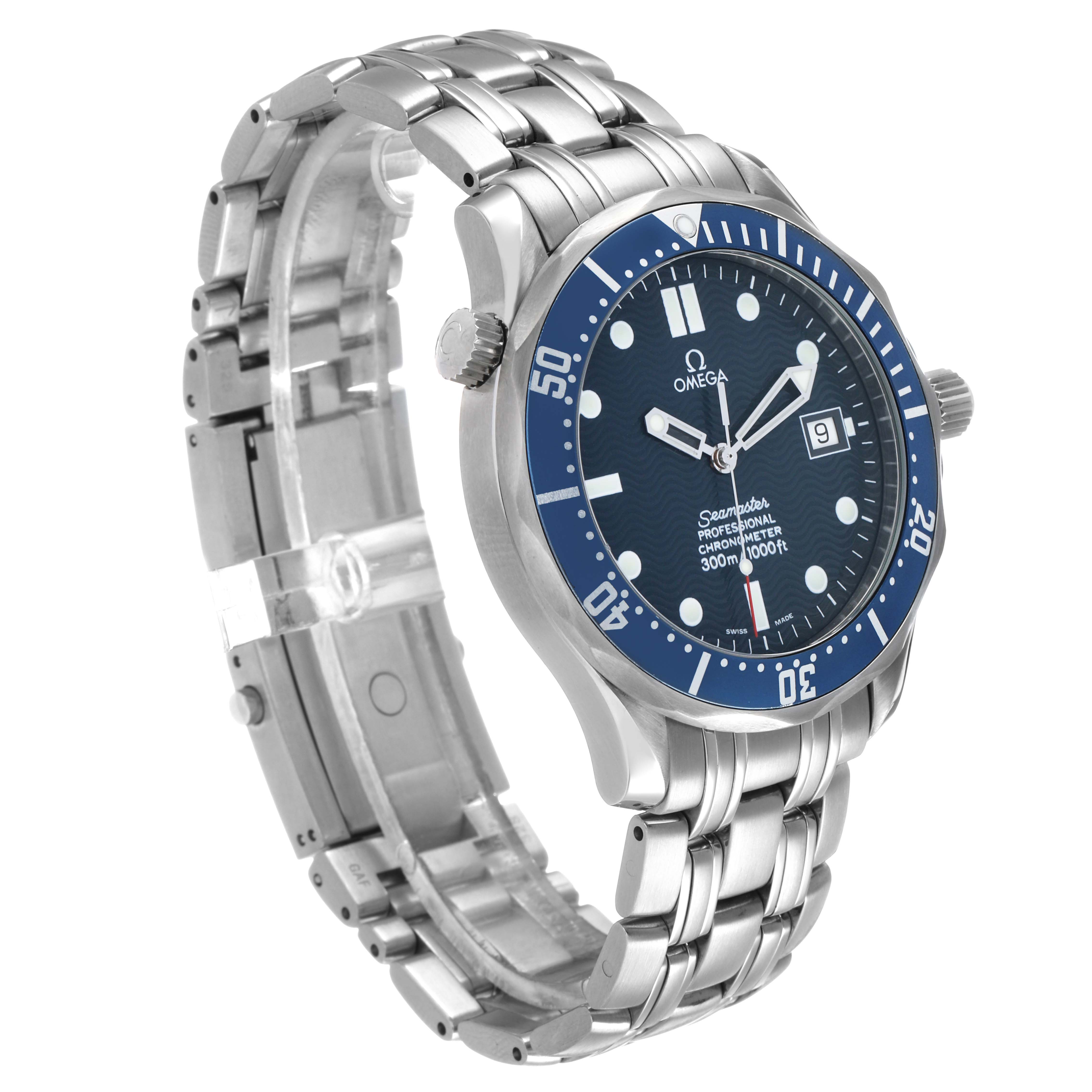 The Omega Seamaster 2531.80.00 Men's Stainless Steel Blue Dial watch is shown at a three-quarter angle, highlighting its blue dial, bezel, and stainless steel bracelet.