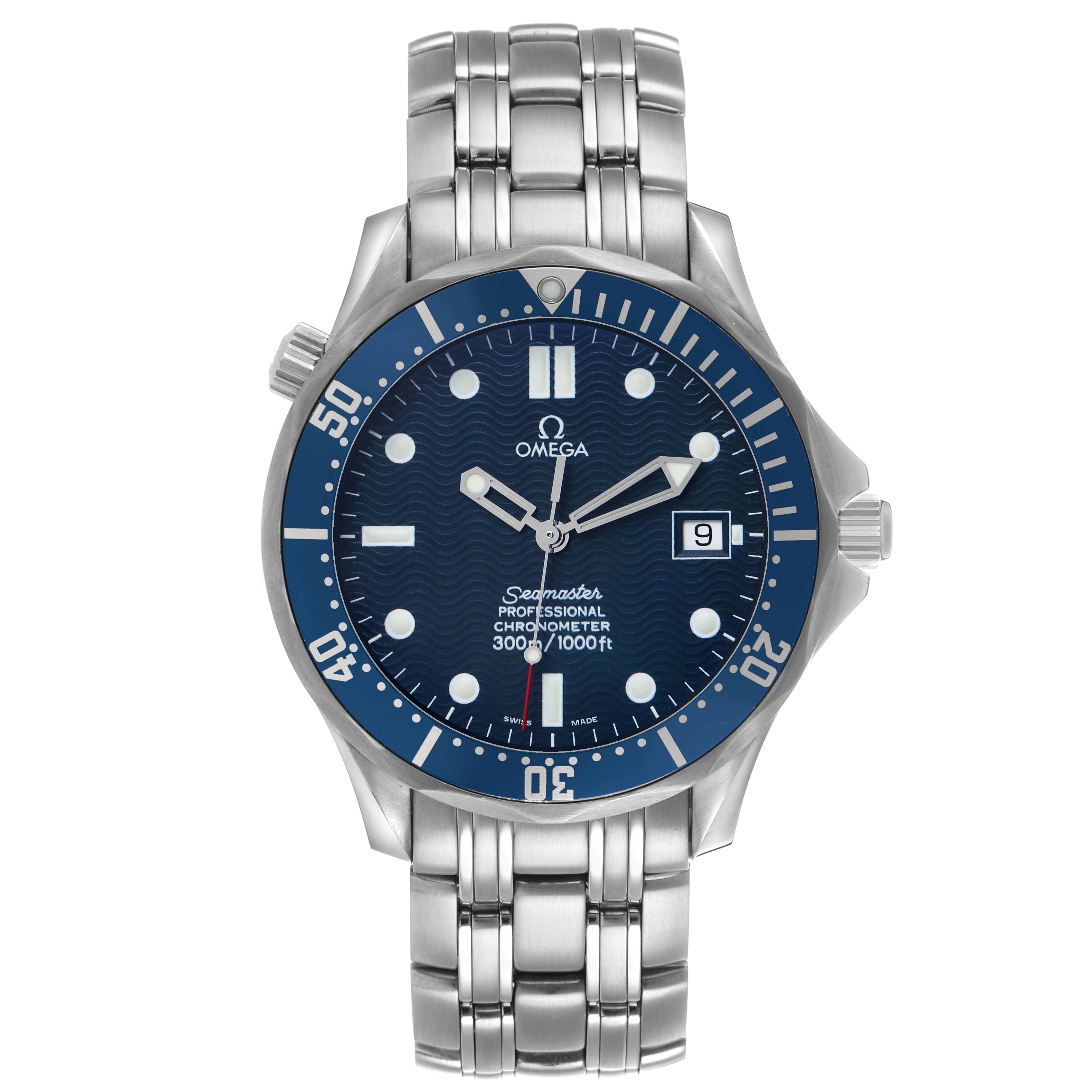 The Omega Seamaster 2531.80.00 Men's Stainless Steel Blue Dial is shown from the front, highlighting its blue dial, bezel, and stainless steel bracelet.