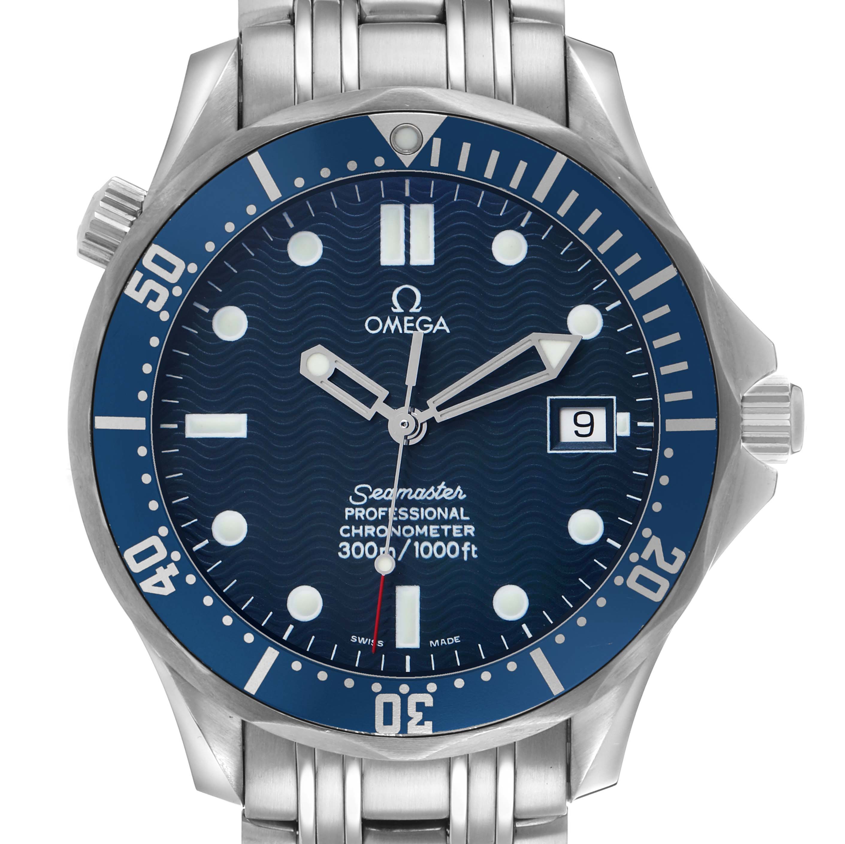The image shows a front view of the Omega Seamaster 2531.80.00 Men's Stainless Steel Blue Dial watch, displaying its dial, bezel, crown, bracelet, and date window.
