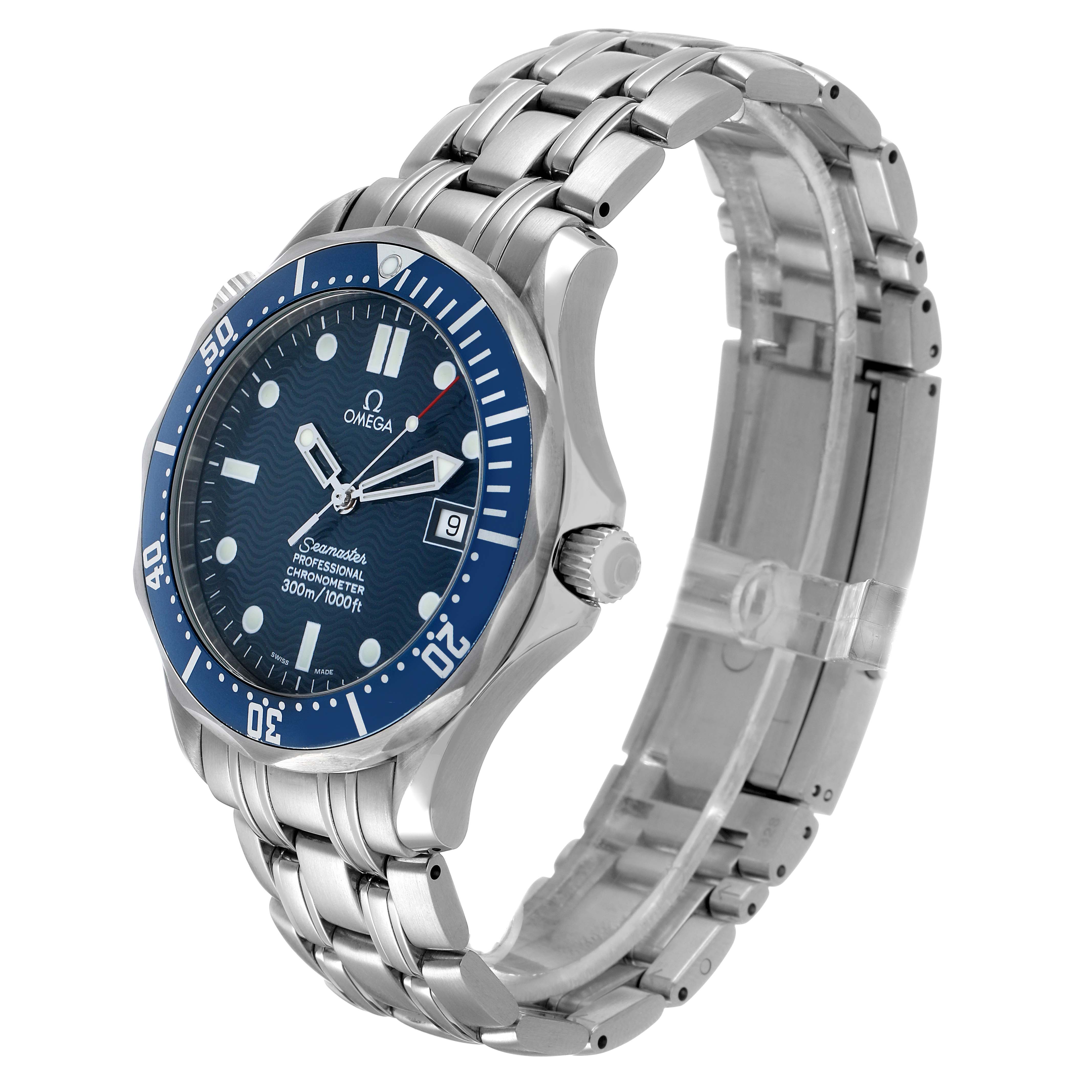 The Omega Seamaster 2531.80.00 Men's Stainless Steel Blue Dial watch is shown at a three-quarter angle, displaying the face, bezel, crown, and stainless steel bracelet.
