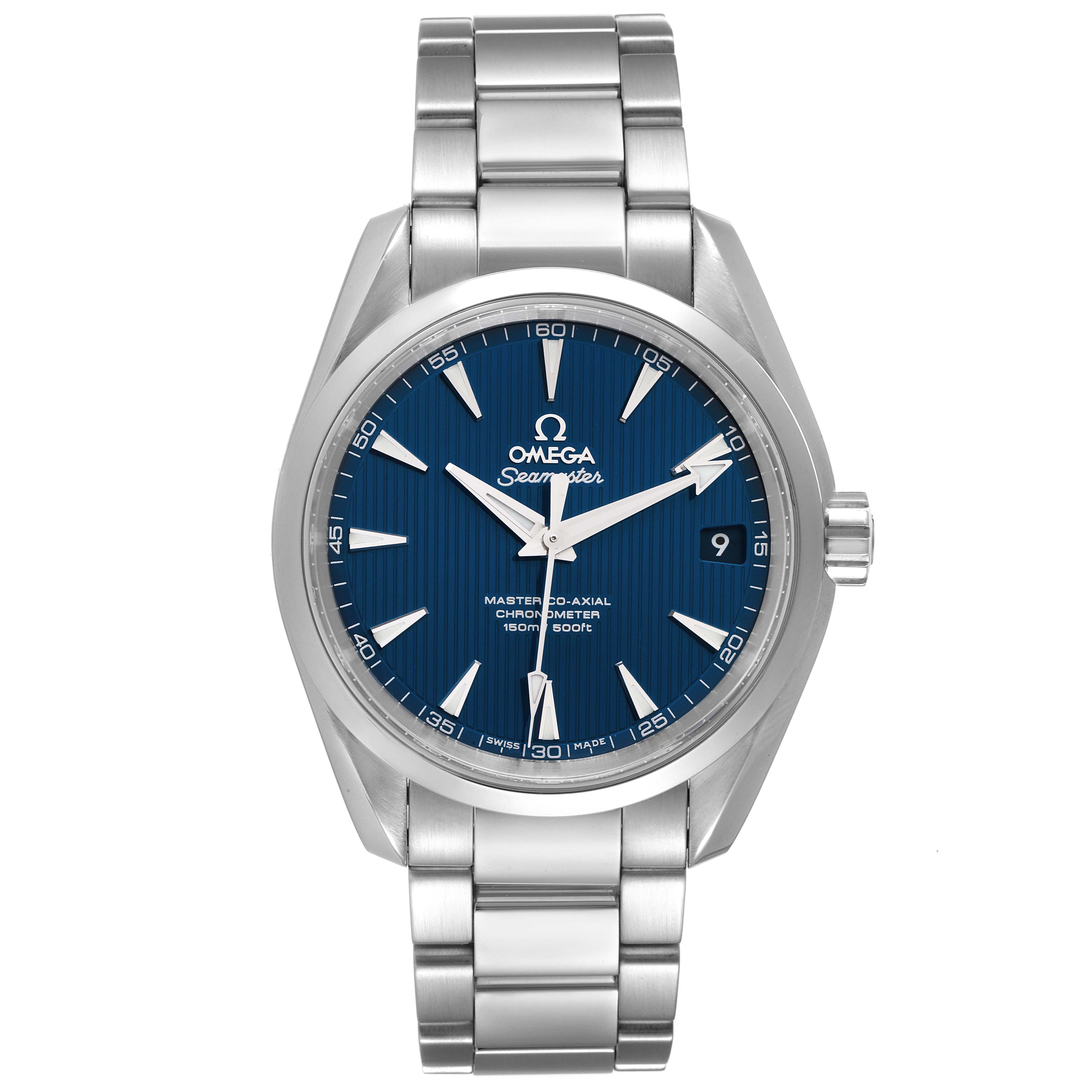 The image shows a front view of the Omega Aqua Terra 231.10.39.21.03.002 Men
s Stainless Steel Blue Dial 231.10.39.21.03.002 Men
s Stainless Steel Blue Dial watch, highlighting its blue dial, hour markers, date window, and stainless steel bracelet.