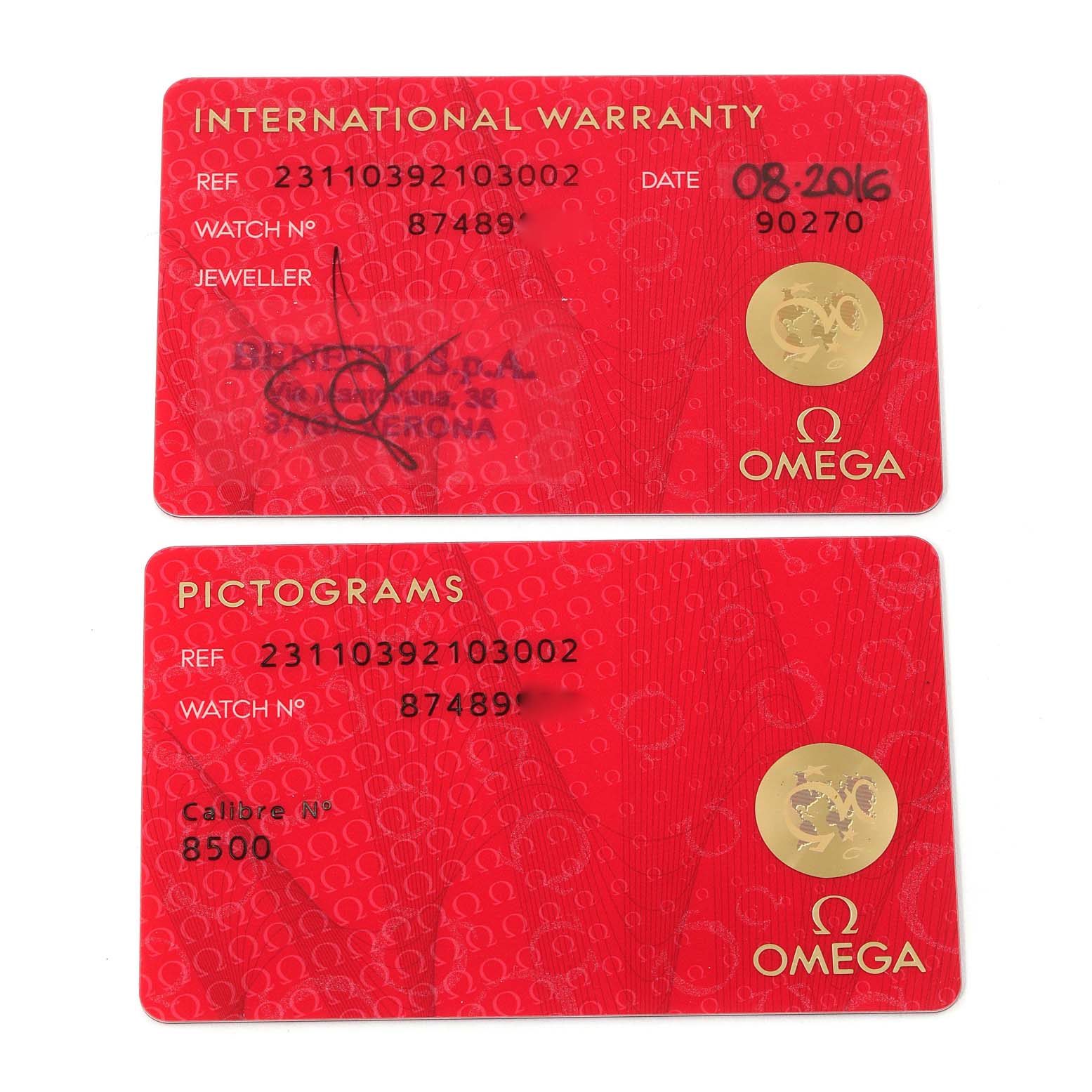 The image shows the International Warranty and Pictograms cards for an Omega Aqua Terra 231.10.39.21.03.002 Men
s Stainless Steel Blue Dial 231.10.39.21.03.002 Men
s Stainless Steel Blue Dial model watch.