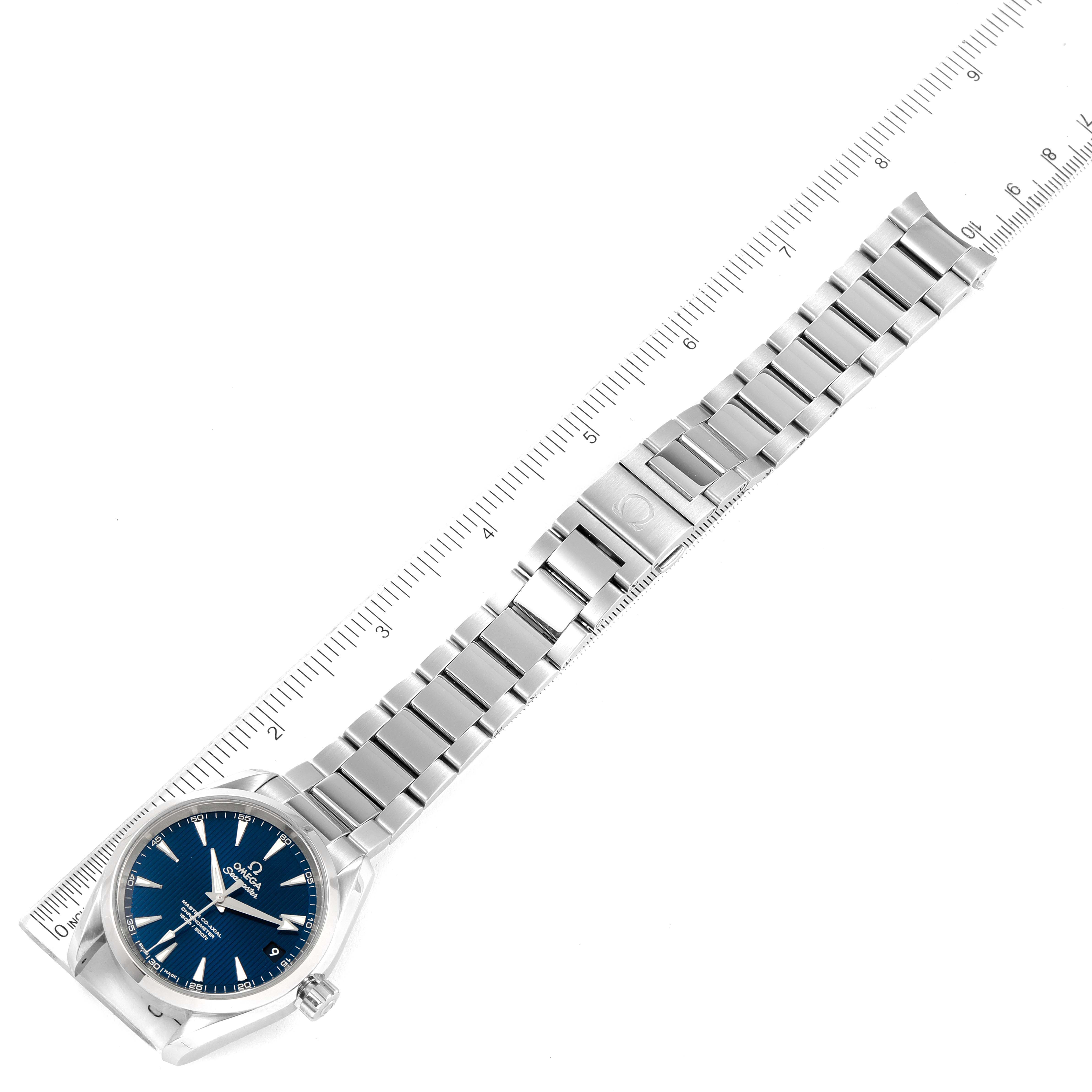 The image shows the Omega Aqua Terra 231.10.39.21.03.002 Men
s Stainless Steel Blue Dial 231.10.39.21.03.002 Men
s Stainless Steel Blue Dial watch at a top-down angle, displaying the entire watch including the dial, bracelet, and clasp.